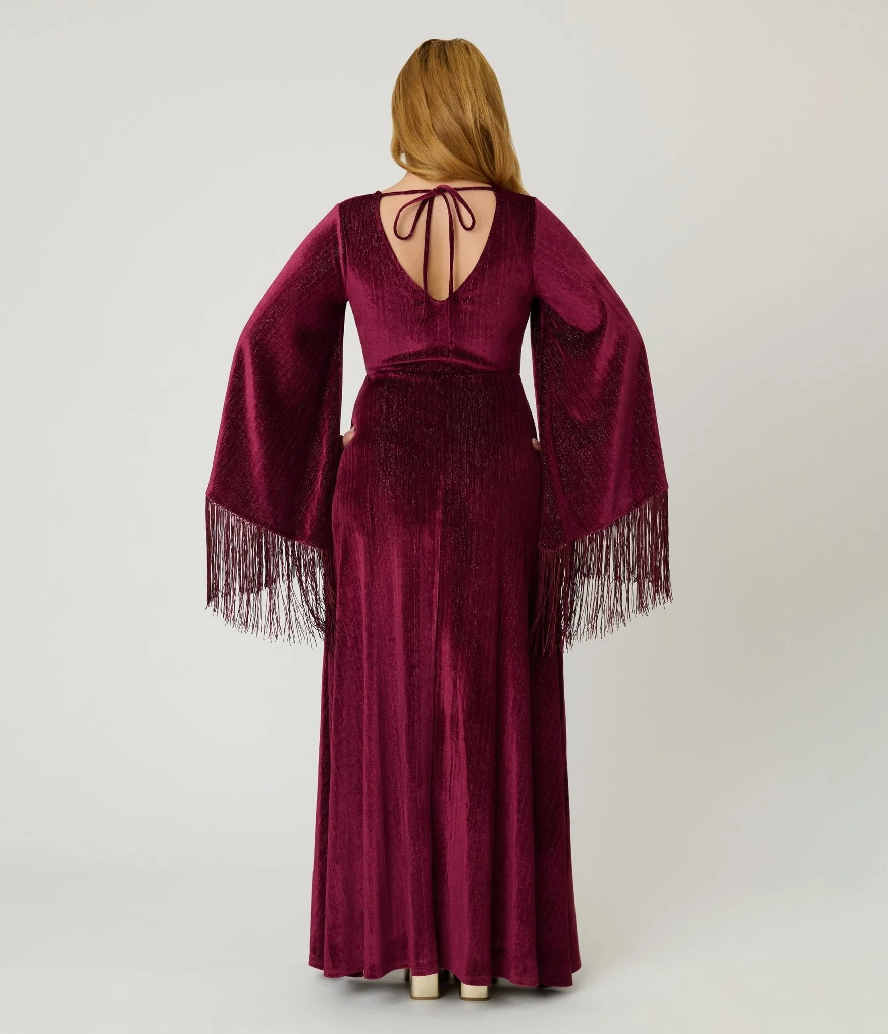 Smak Parlour Burgundy Glitter Velvet Fringe Sleeve Stevie Maxi Dress sold by Unique Vintage product image thumbnail 2