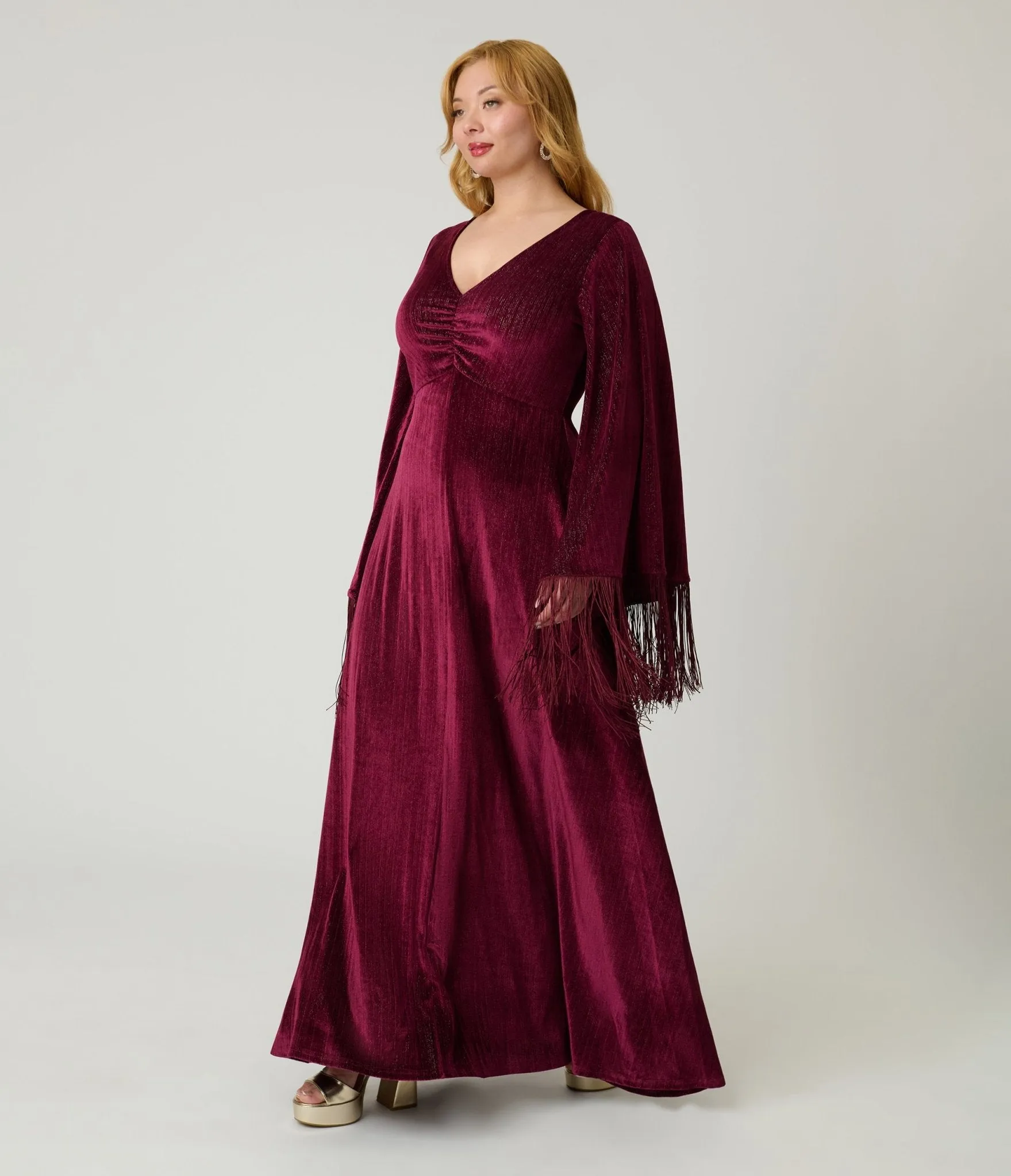 Smak Parlour Burgundy Glitter Velvet Fringe Sleeve Stevie Maxi Dress sold by Unique Vintage product image thumbnail 4