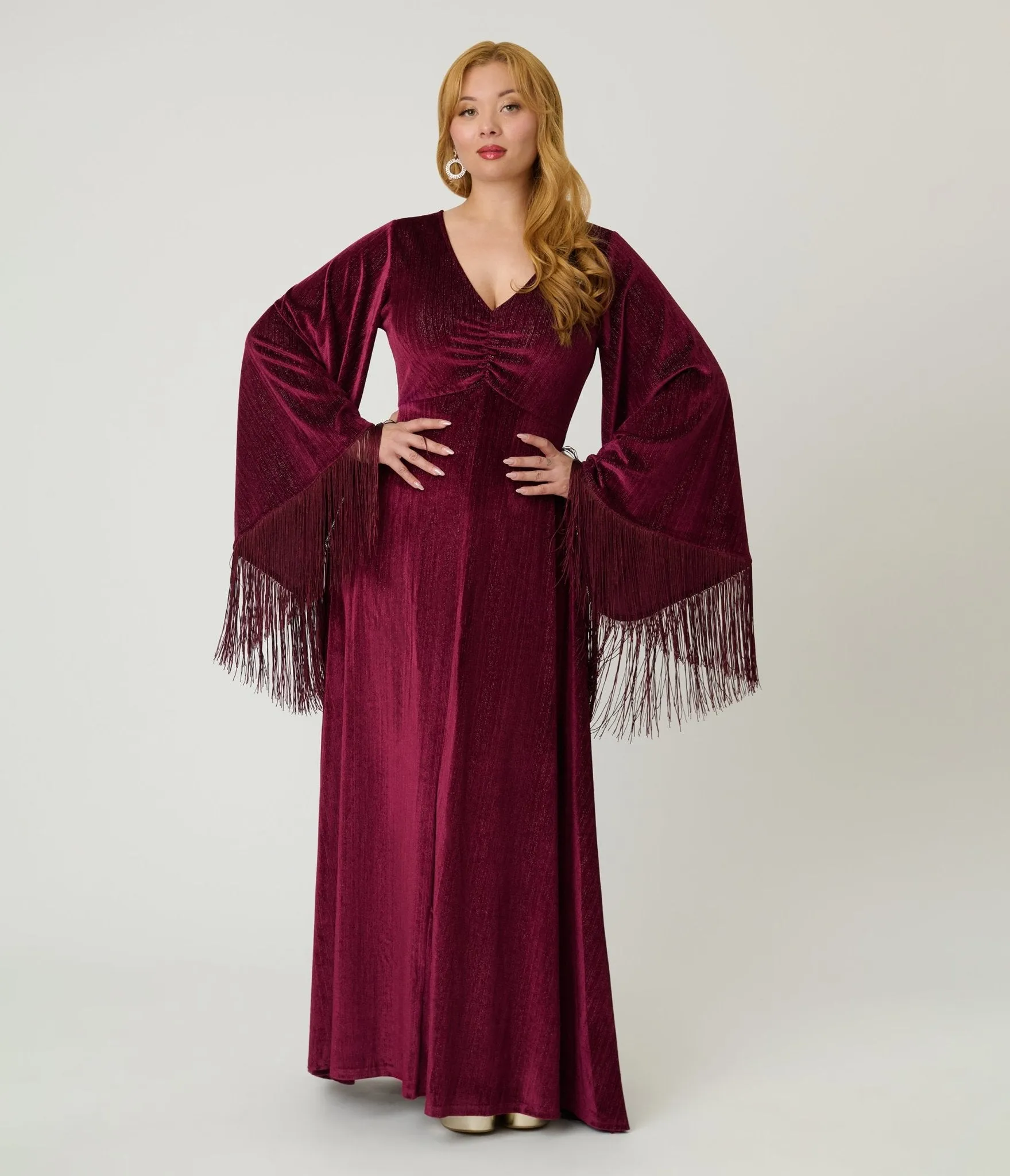 Smak Parlour Burgundy Glitter Velvet Fringe Sleeve Stevie Maxi Dress sold by Unique Vintage