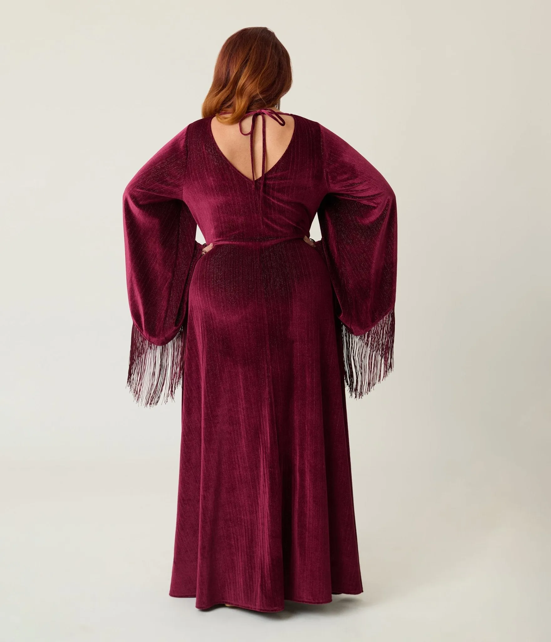 Smak Parlour Plus Size Burgundy Glitter Velvet Fringe Sleeve Stevie Maxi Dress sold by Unique Vintage product image thumbnail 2