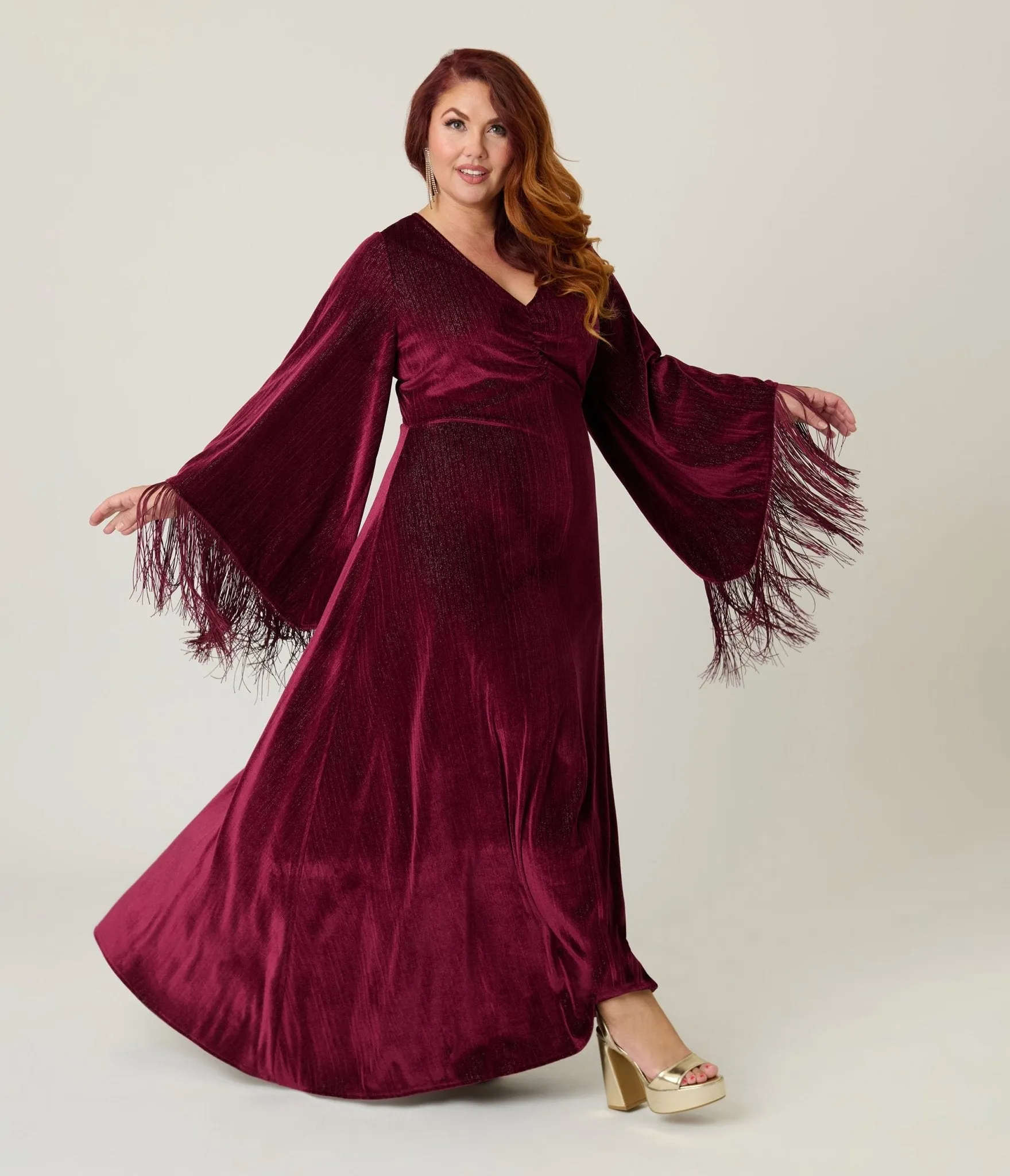 Smak Parlour Plus Size Burgundy Glitter Velvet Fringe Sleeve Stevie Maxi Dress sold by Unique Vintage