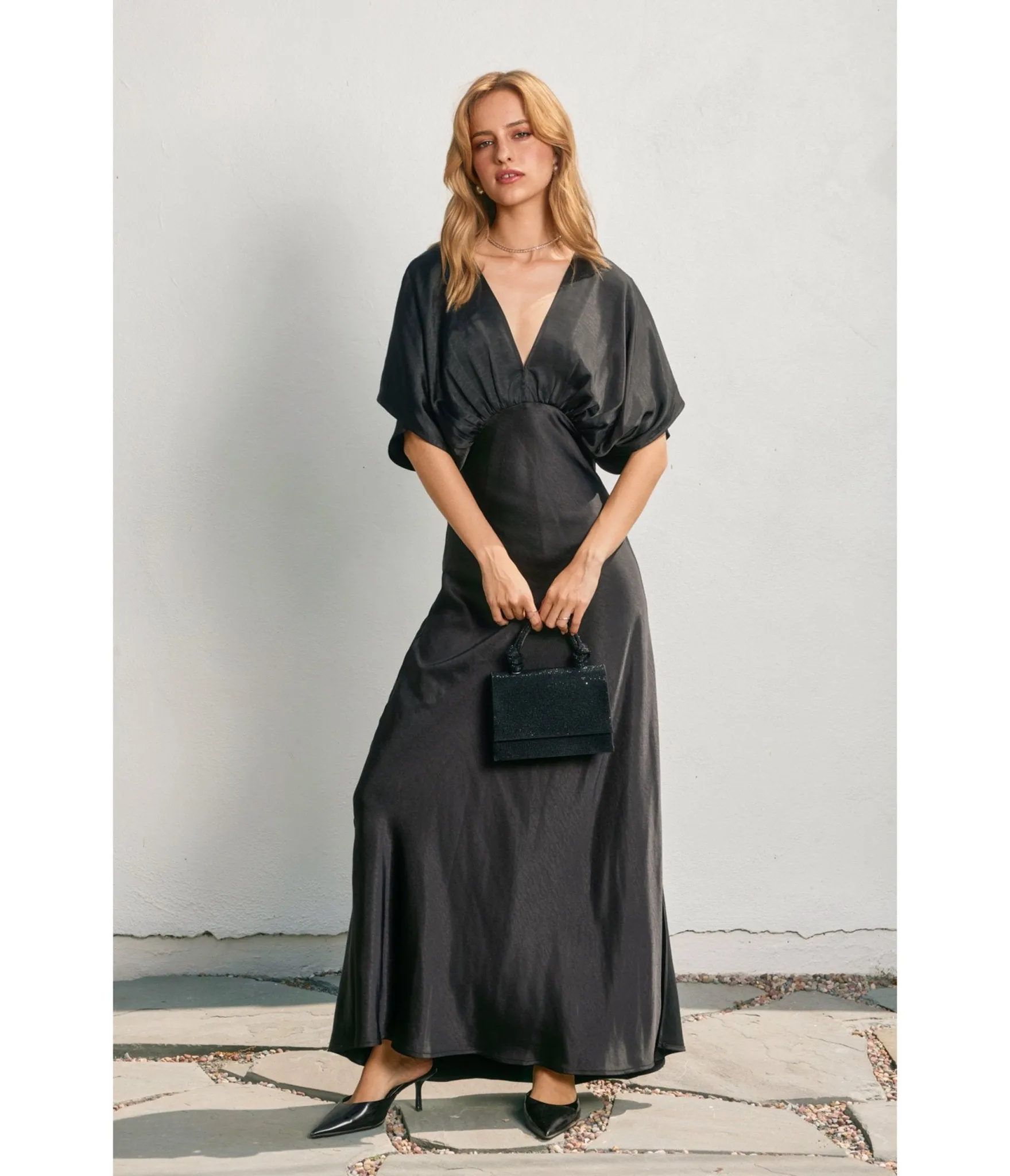 Black Satin Blouson Maxi Dress sold by Unique Vintage product image thumbnail 4
