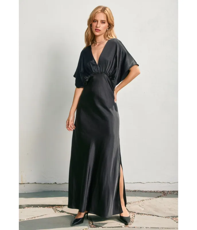 Black Satin Blouson Maxi Dress sold by Unique Vintage
