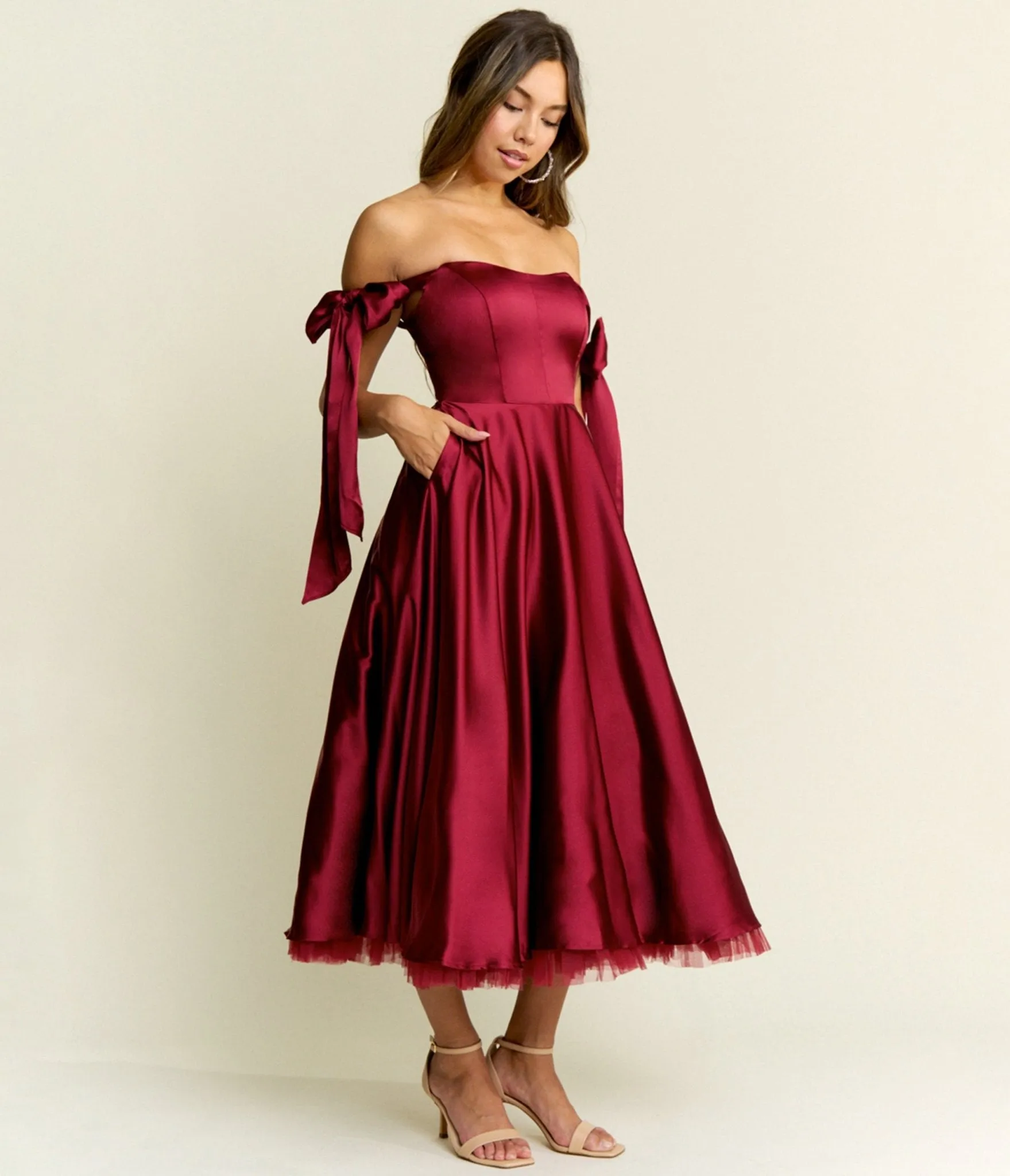 Burgundy Bow Off the Shoulder Midi Dress sold by Unique Vintage