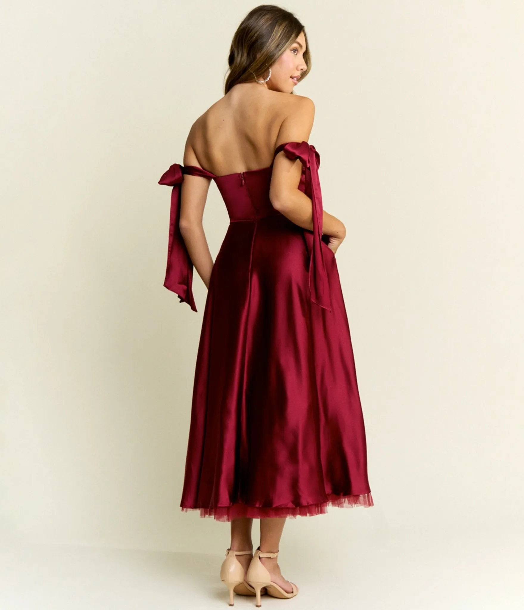 Burgundy Bow Off the Shoulder Midi Dress sold by Unique Vintage product image thumbnail 2
