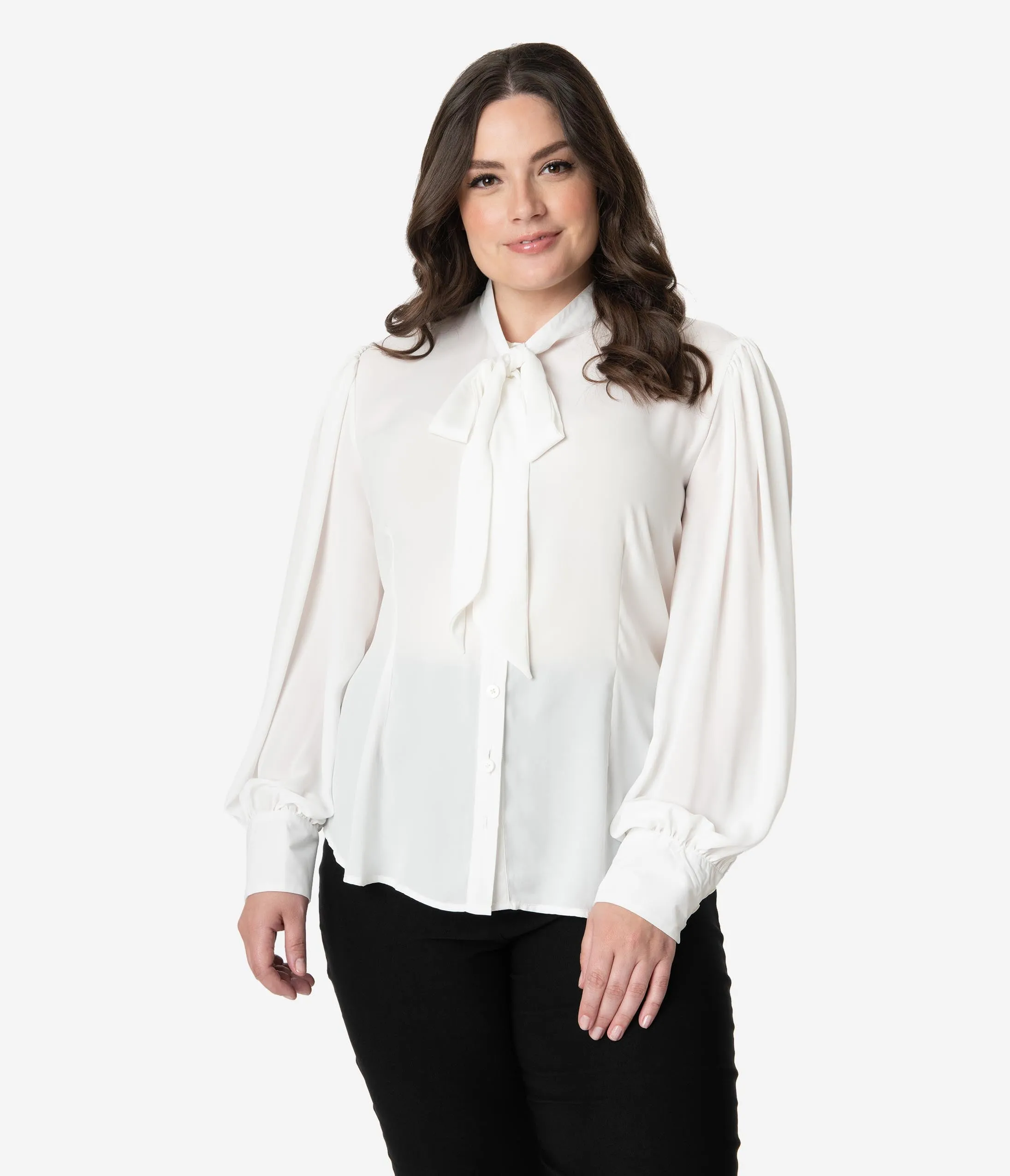 Unique Vintage Plus Size 1940s White Neck Tie Gwen Blouse sold by Unique Vintage product image thumbnail 5