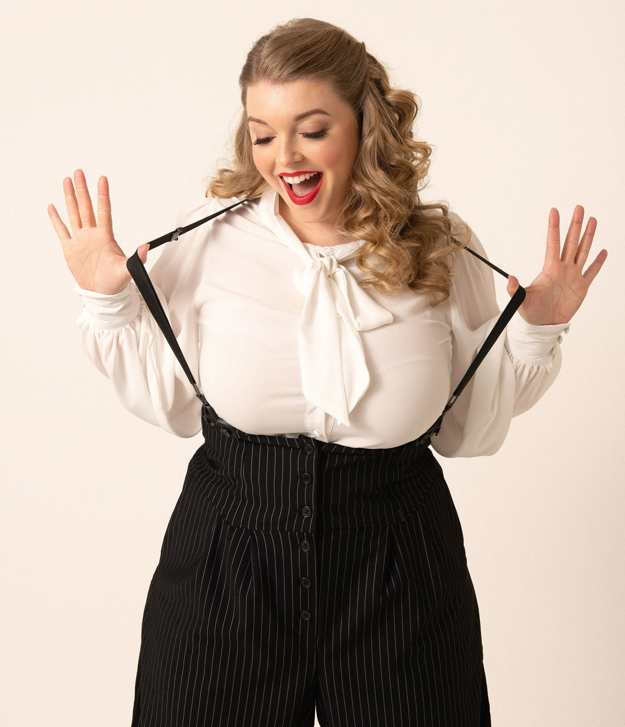 Unique Vintage Plus Size 1940s White Neck Tie Gwen Blouse sold by Unique Vintage product image thumbnail 4