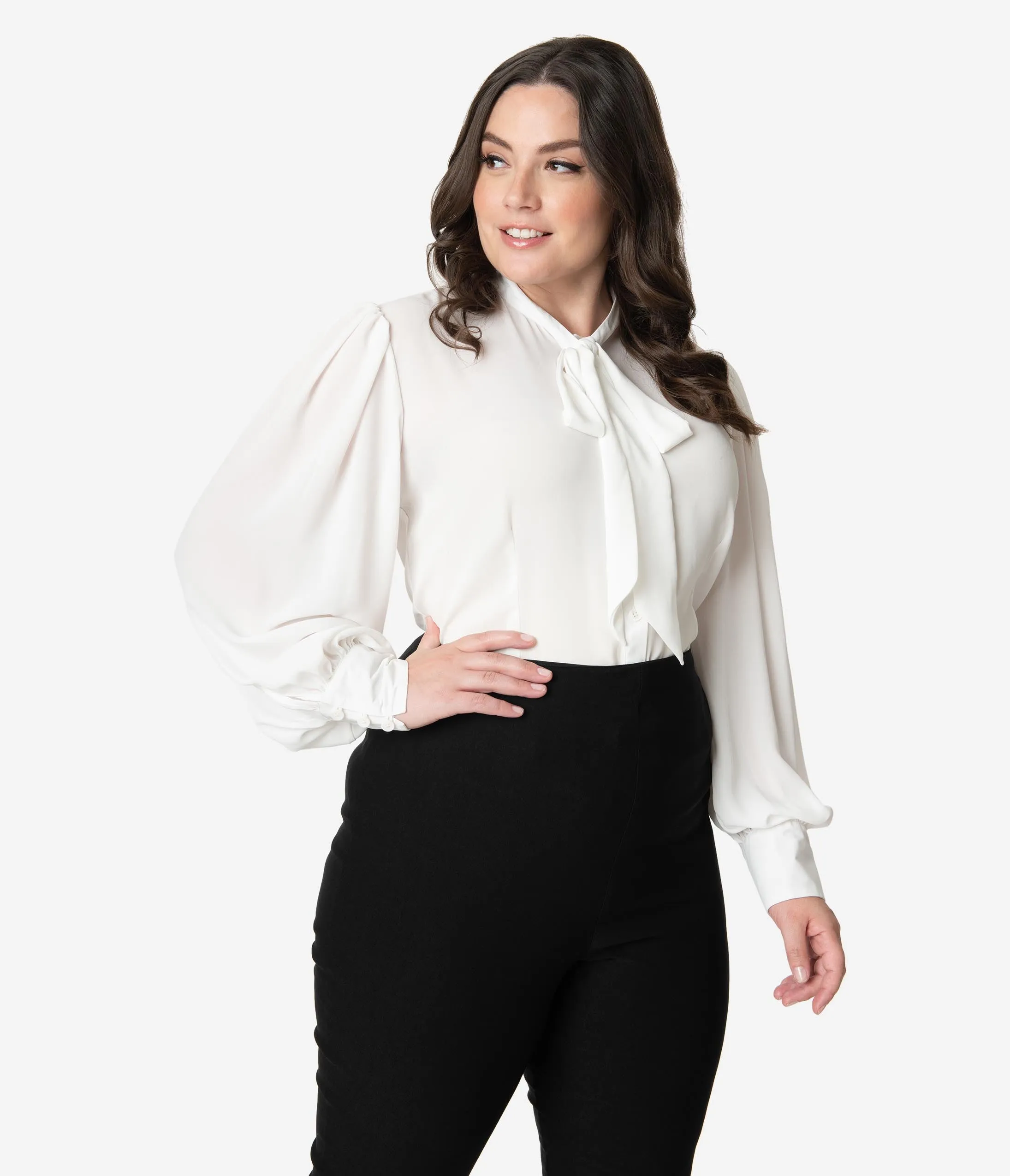 Unique Vintage Plus Size 1940s White Neck Tie Gwen Blouse sold by Unique Vintage