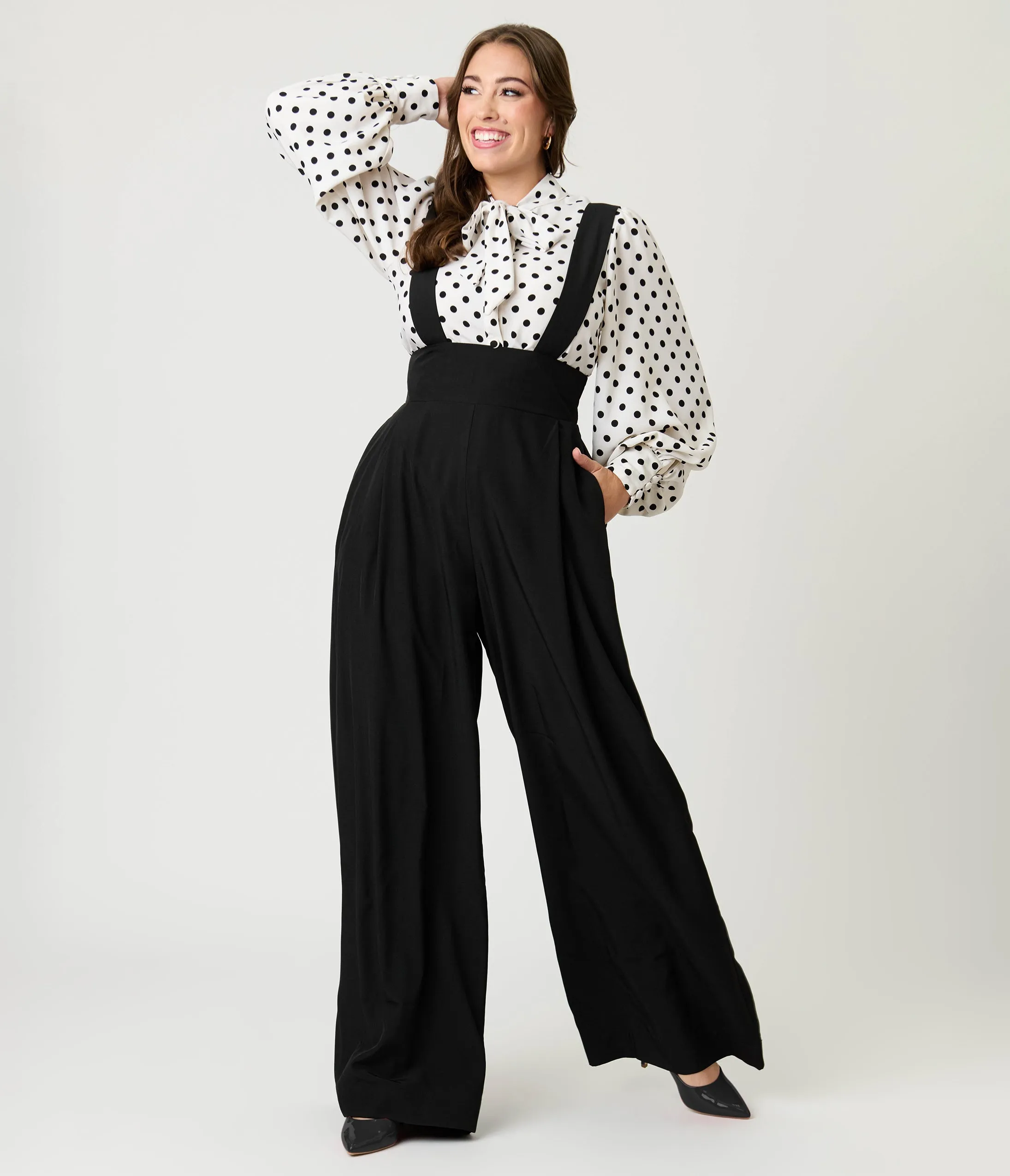 Unique Vintage Black Wide Leg Rochelle Suspender Pants sold by Unique Vintage