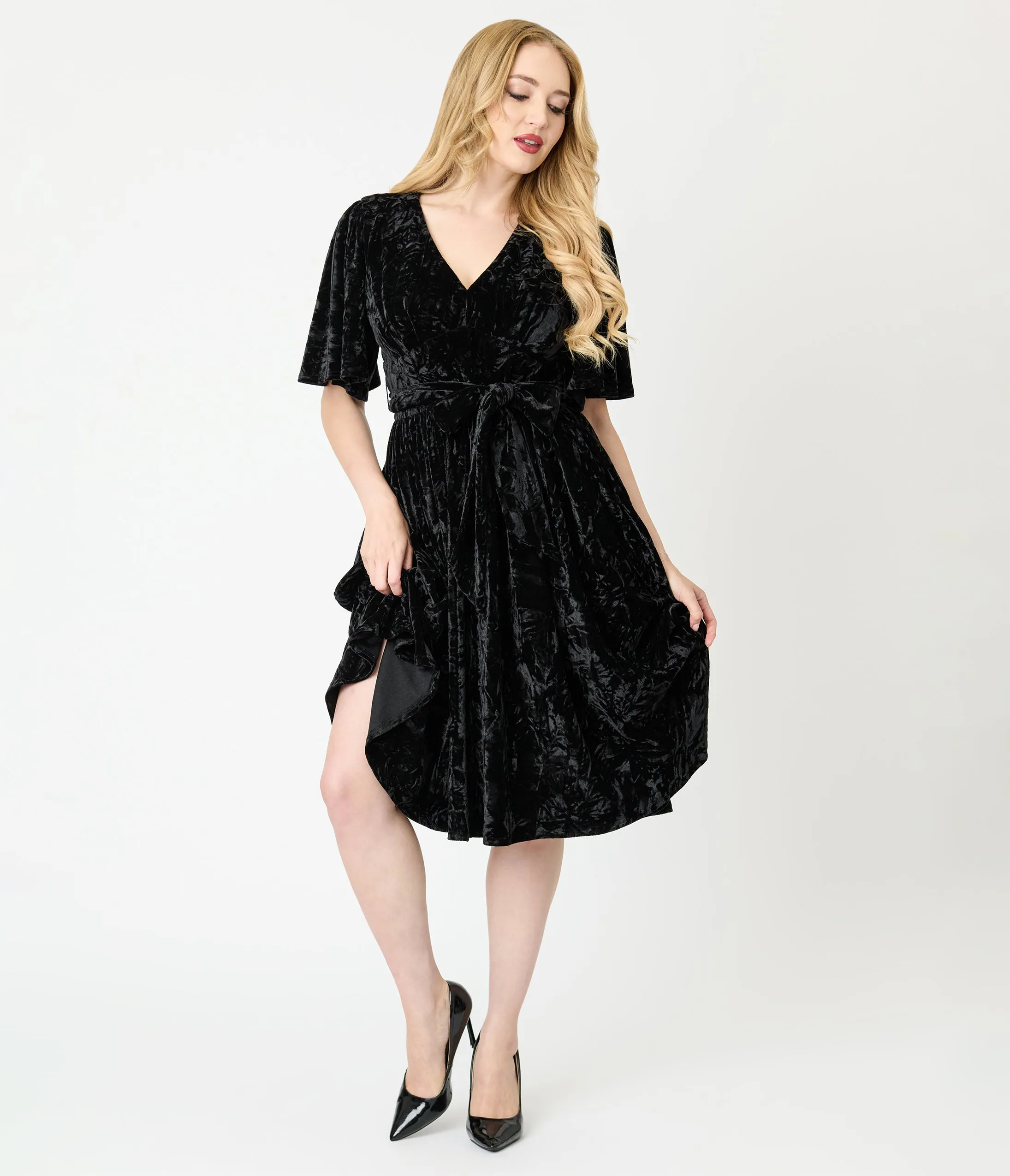Unique Vintage Black Velvet Flutter Sleeve Lenora Swing Dress sold by Unique Vintage product image thumbnail 4