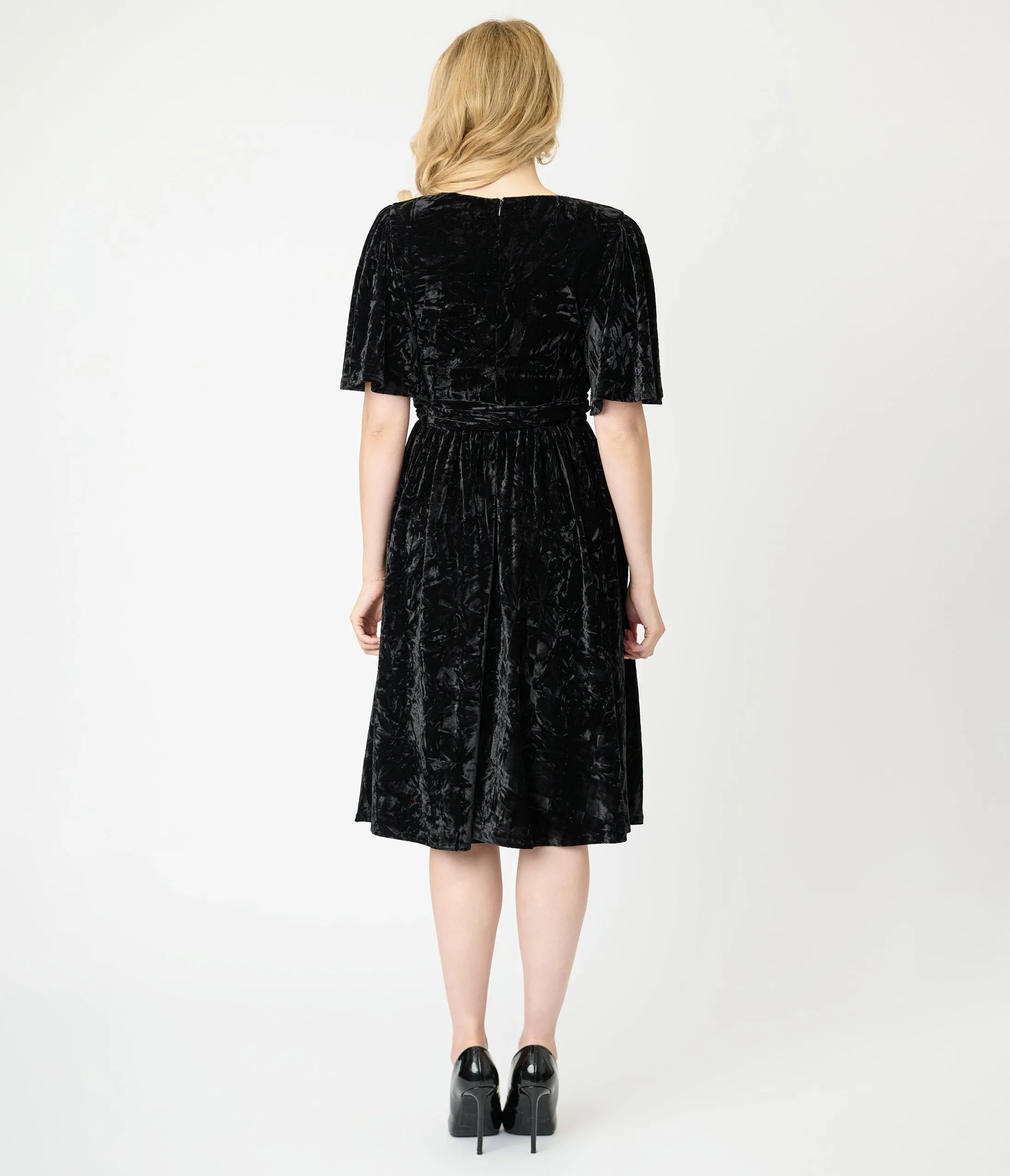 Unique Vintage Black Velvet Flutter Sleeve Lenora Swing Dress sold by Unique Vintage product image thumbnail 2