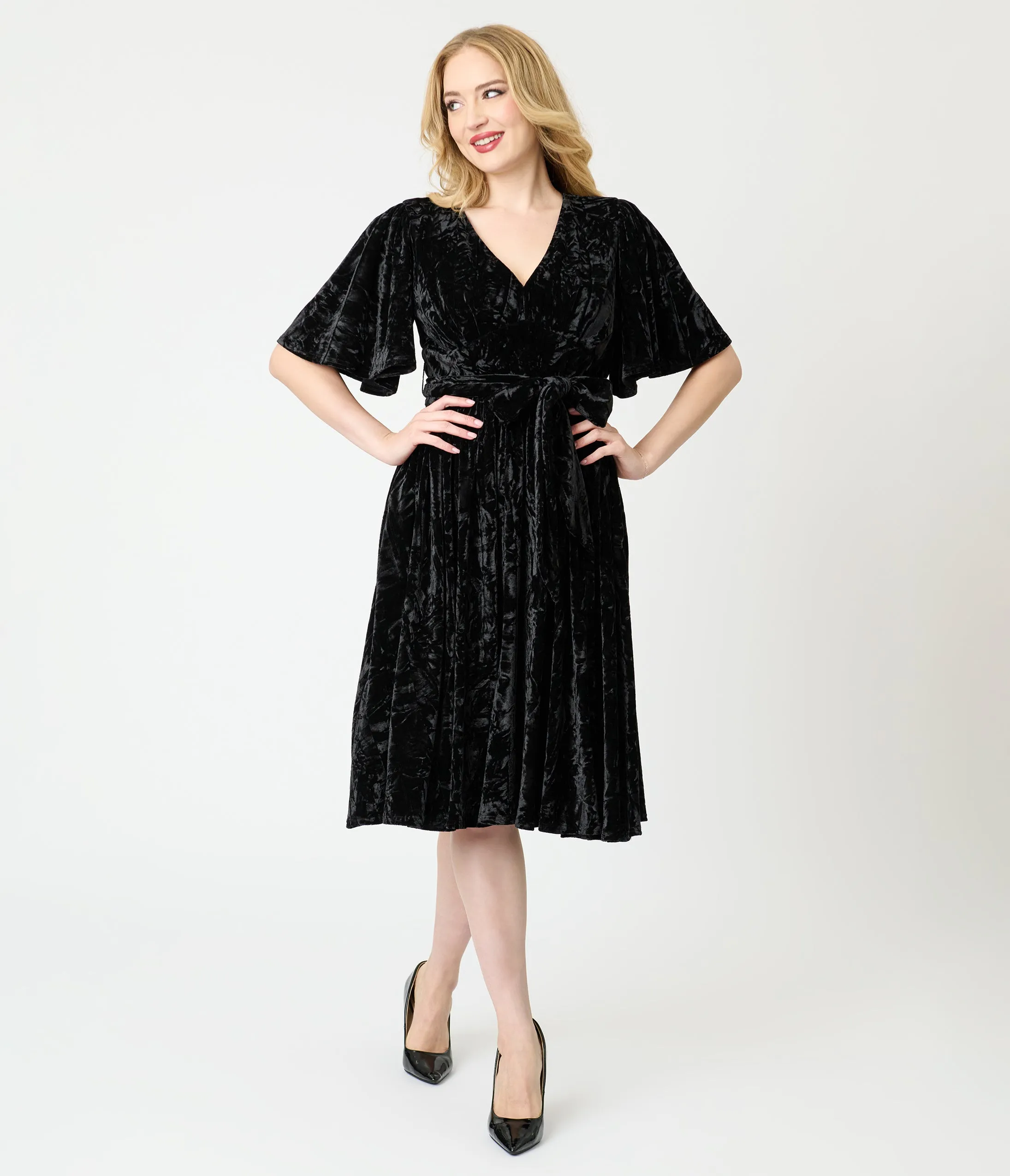 Unique Vintage Black Velvet Flutter Sleeve Lenora Swing Dress sold by Unique Vintage product image thumbnail 3