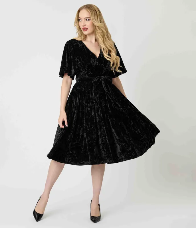 Unique Vintage Black Velvet Flutter Sleeve Lenora Swing Dress sold by Unique Vintage