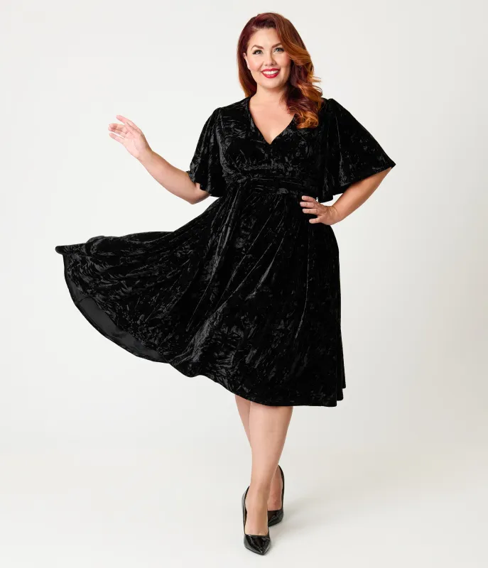 Unique Vintage Plus Size Black Velvet Flutter Sleeve Lenora Swing Dress sold by Unique Vintage