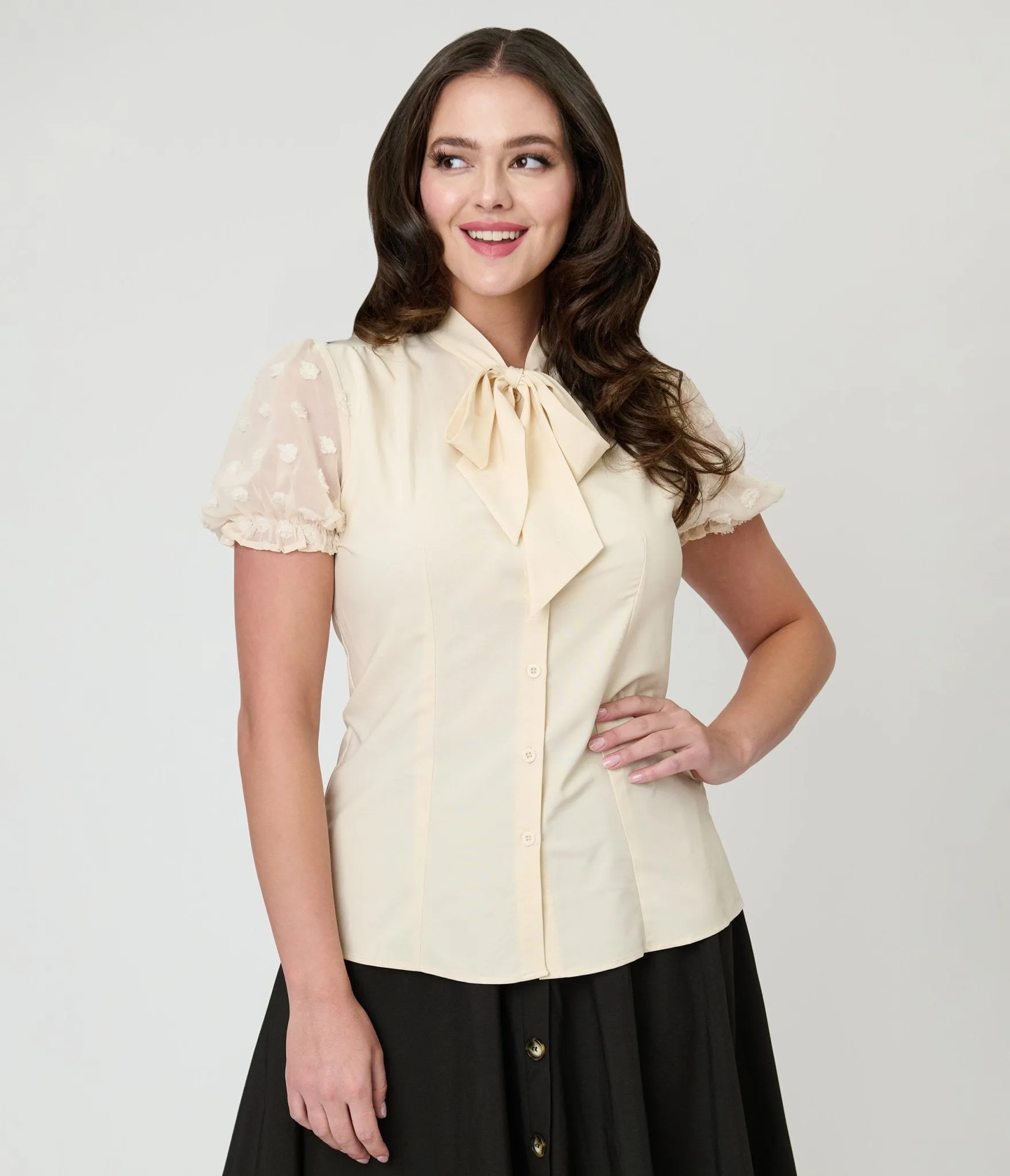 Ivory Puff Sleeve Bow Blouse sold by Unique Vintage product image thumbnail 3