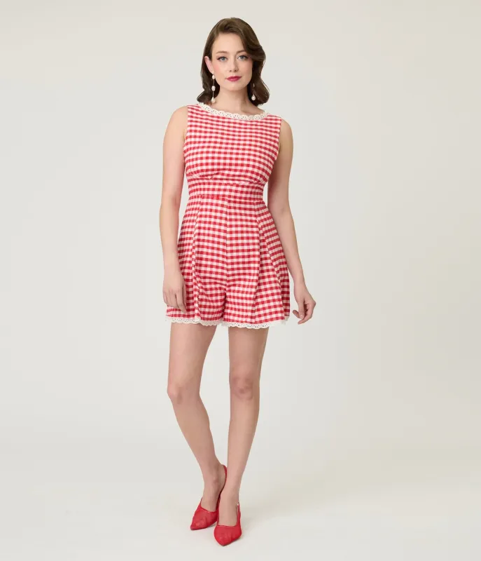 Red Gingham Sleeveless Romper sold by Unique Vintage