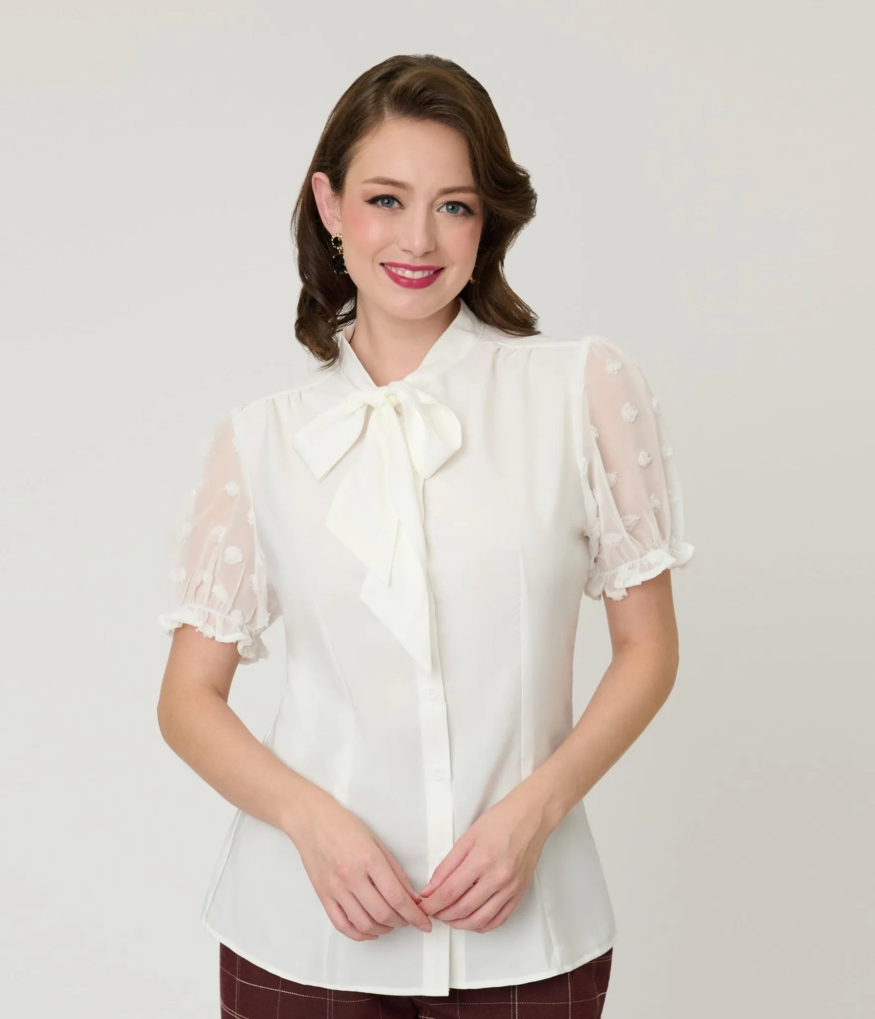 White Puff Sleeve Bow Blouse sold by Unique Vintage product image thumbnail 3