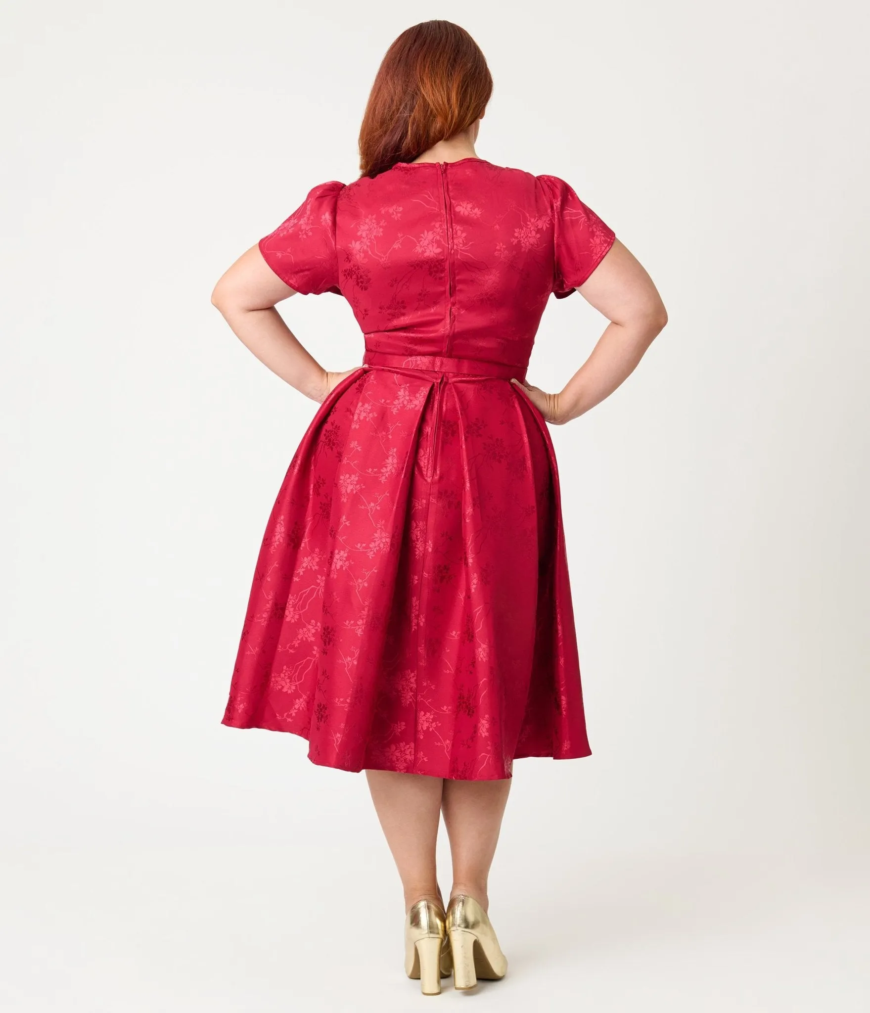 Unique Vintage Plus Size Burgundy Floral Print Dahlia Swing Dress sold by Unique Vintage product image thumbnail 2