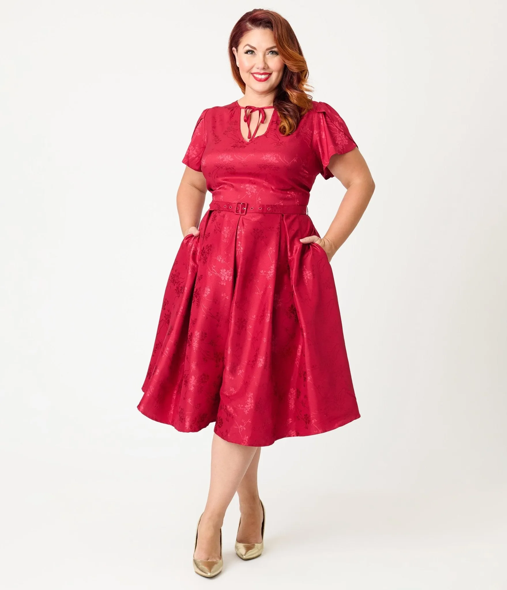 Unique Vintage Plus Size Burgundy Floral Print Dahlia Swing Dress sold by Unique Vintage