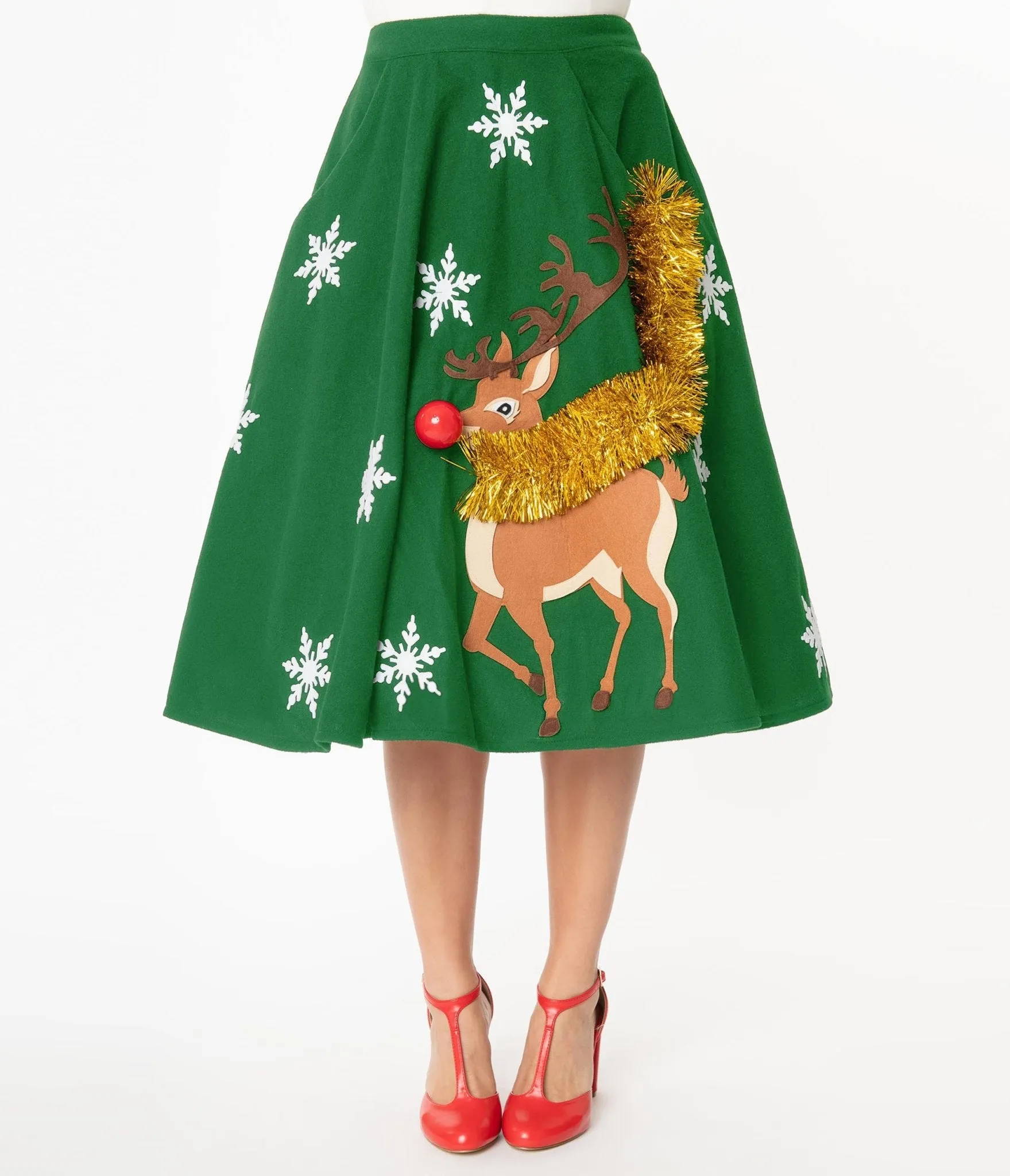 Unique Vintage Green Green Red Nose Reindeer Soda Shop Swing Skirt sold by Unique Vintage product image thumbnail 2