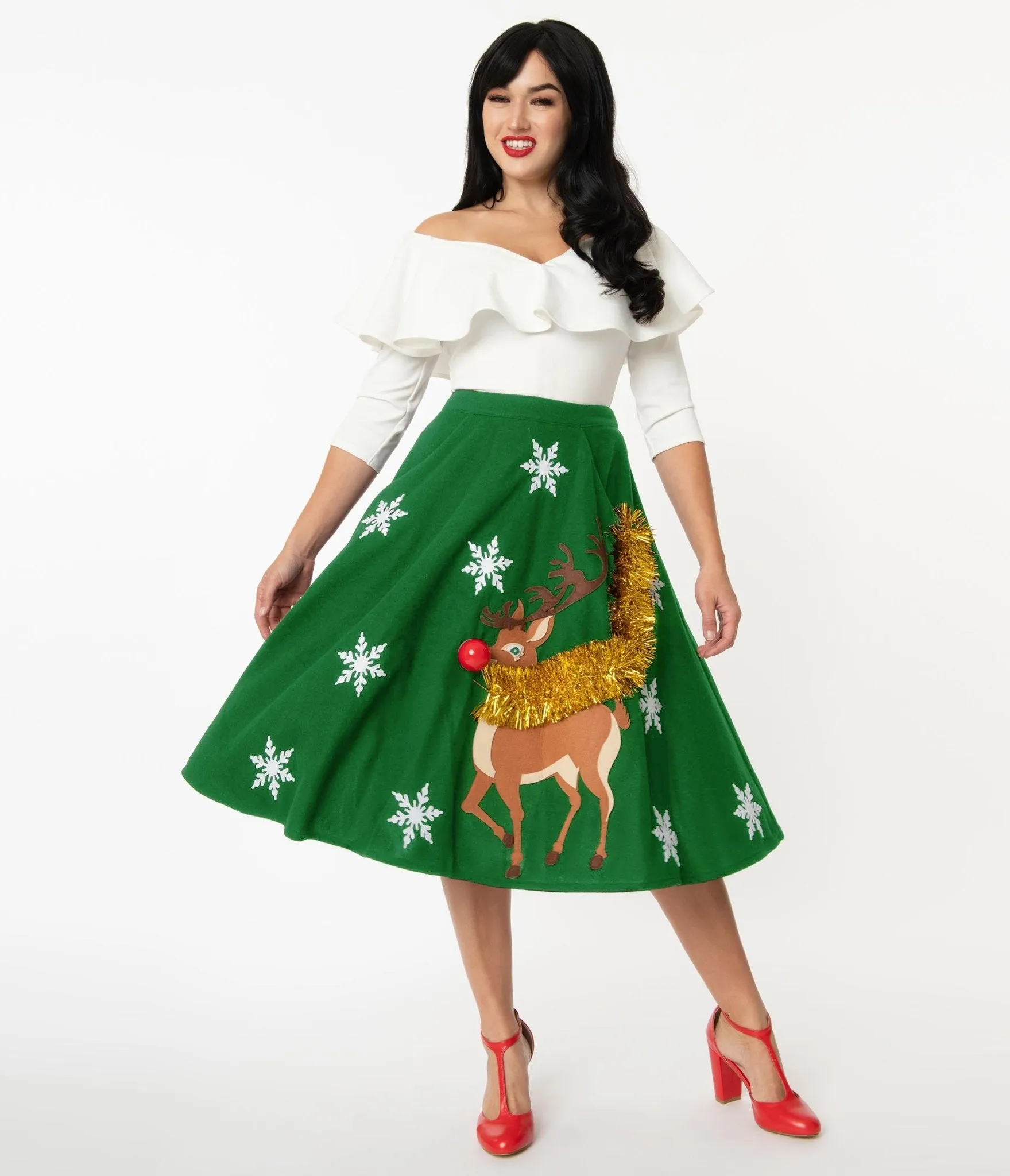 Unique Vintage Green Green Red Nose Reindeer Soda Shop Swing Skirt sold by Unique Vintage