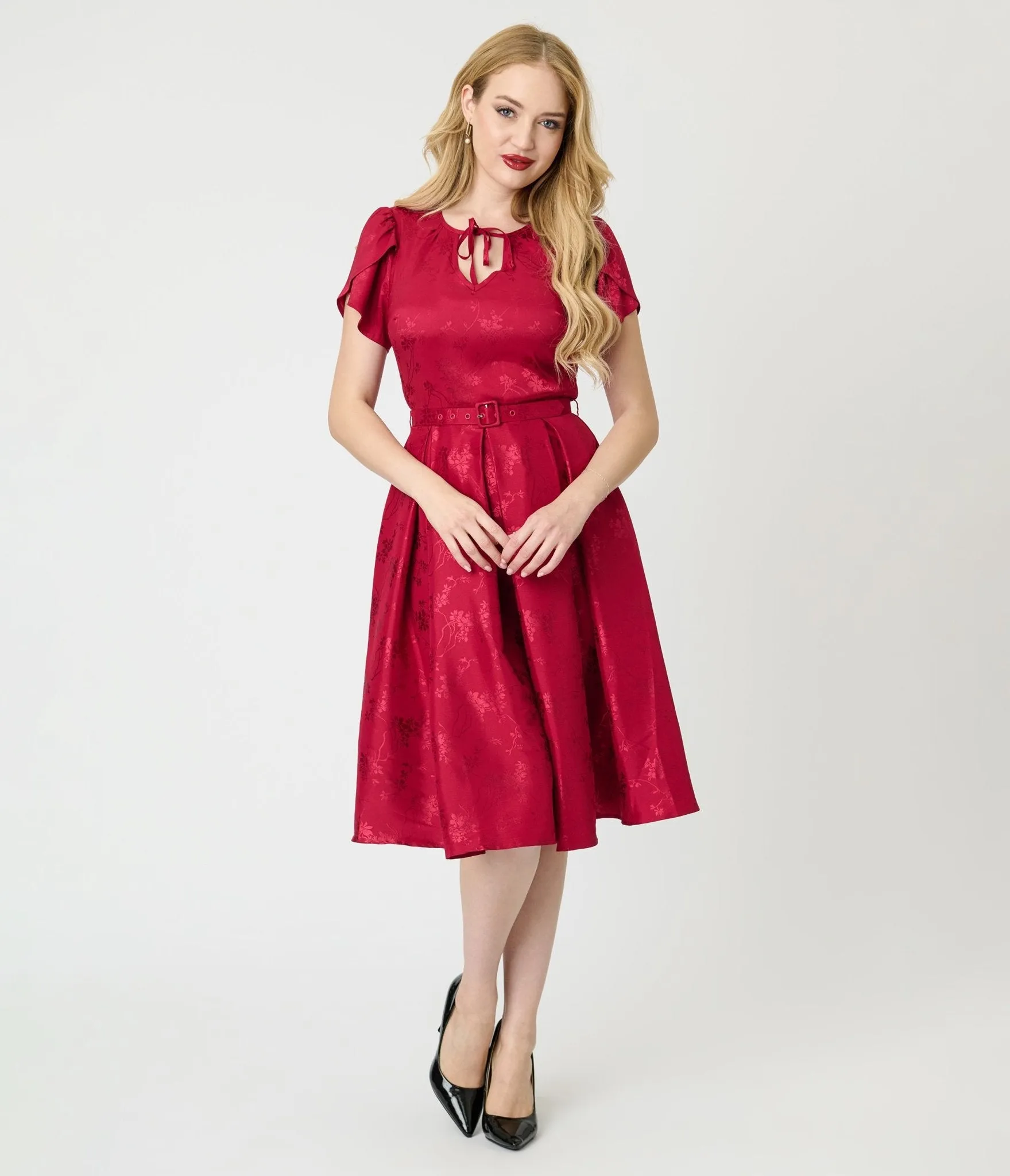 Unique Vintage Burgundy Floral Print Dahlia Swing Dress sold by Unique Vintage product image thumbnail 4
