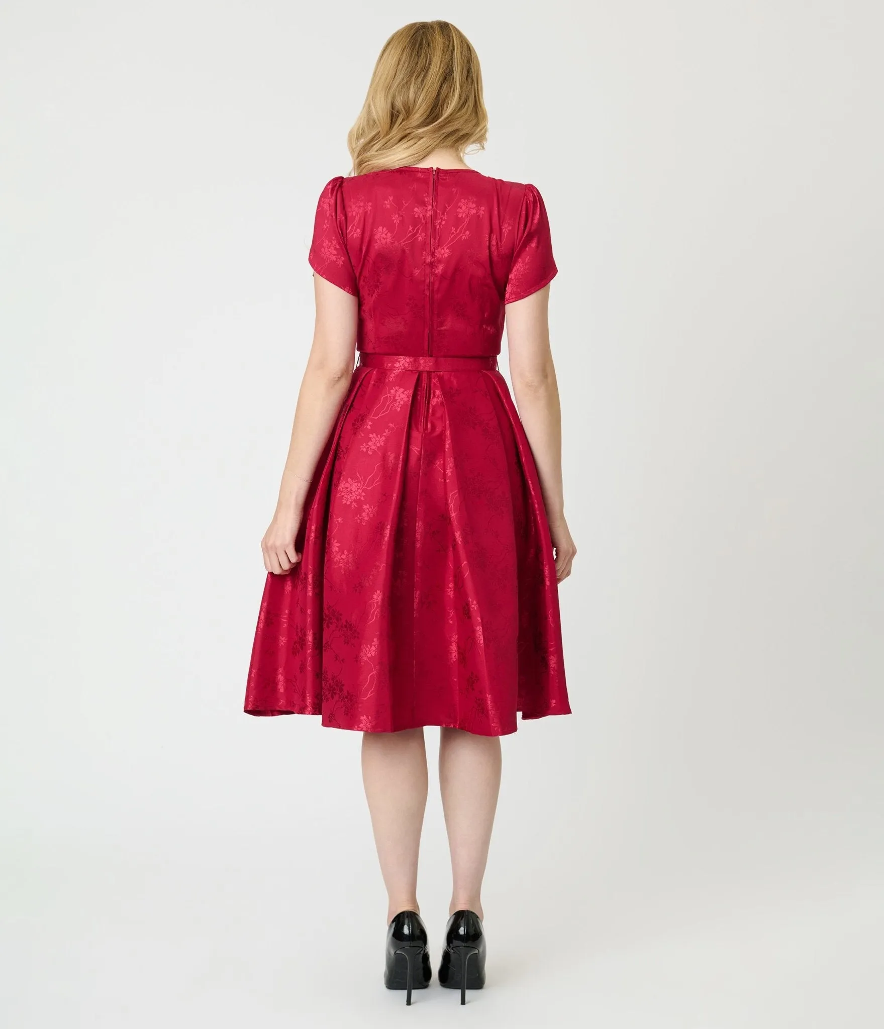 Unique Vintage Burgundy Floral Print Dahlia Swing Dress sold by Unique Vintage product image thumbnail 2