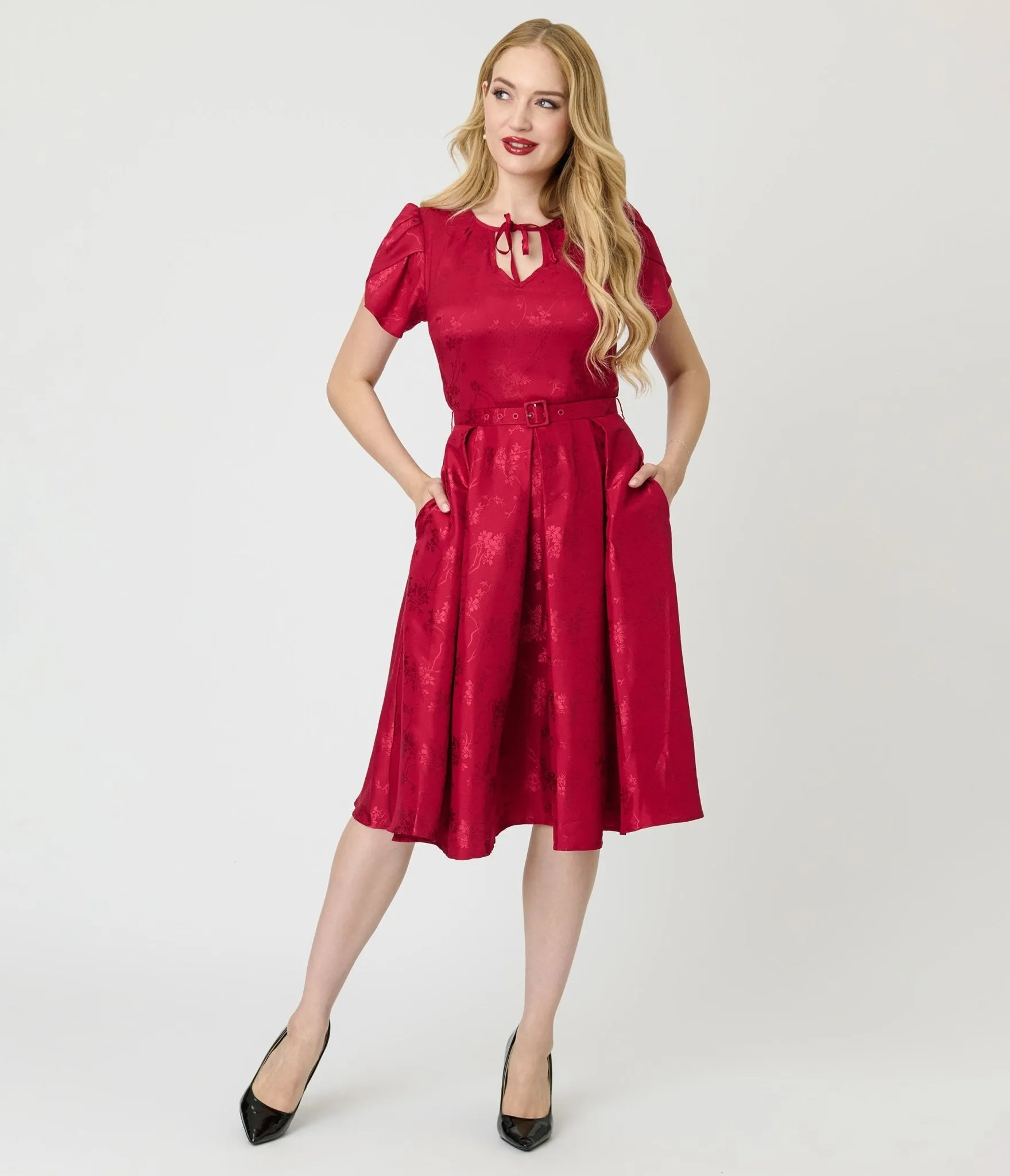 Unique Vintage Burgundy Floral Print Dahlia Swing Dress sold by Unique Vintage product image thumbnail 3