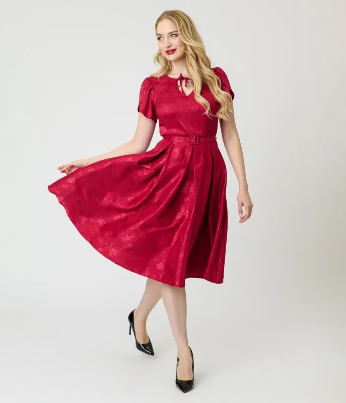Unique Vintage Burgundy Floral Print Dahlia Swing Dress sold by Unique Vintage