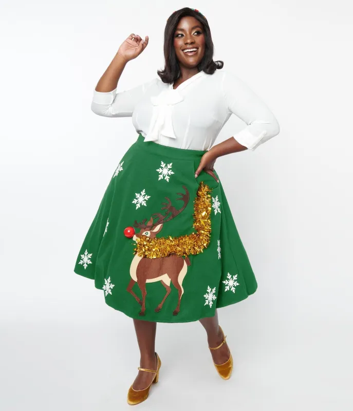 Unique Vintage Plus Size Green Red Nose Reindeer Soda Shop Swing Skirt sold by Unique Vintage
