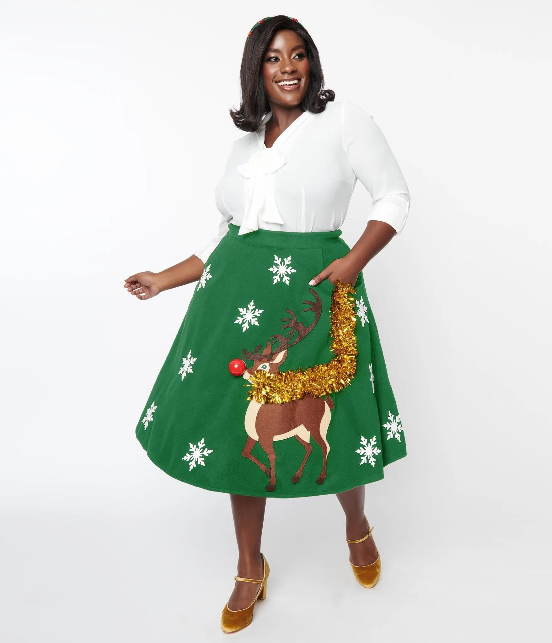 Unique Vintage Plus Size Green Red Nose Reindeer Soda Shop Swing Skirt sold by Unique Vintage product image thumbnail 5