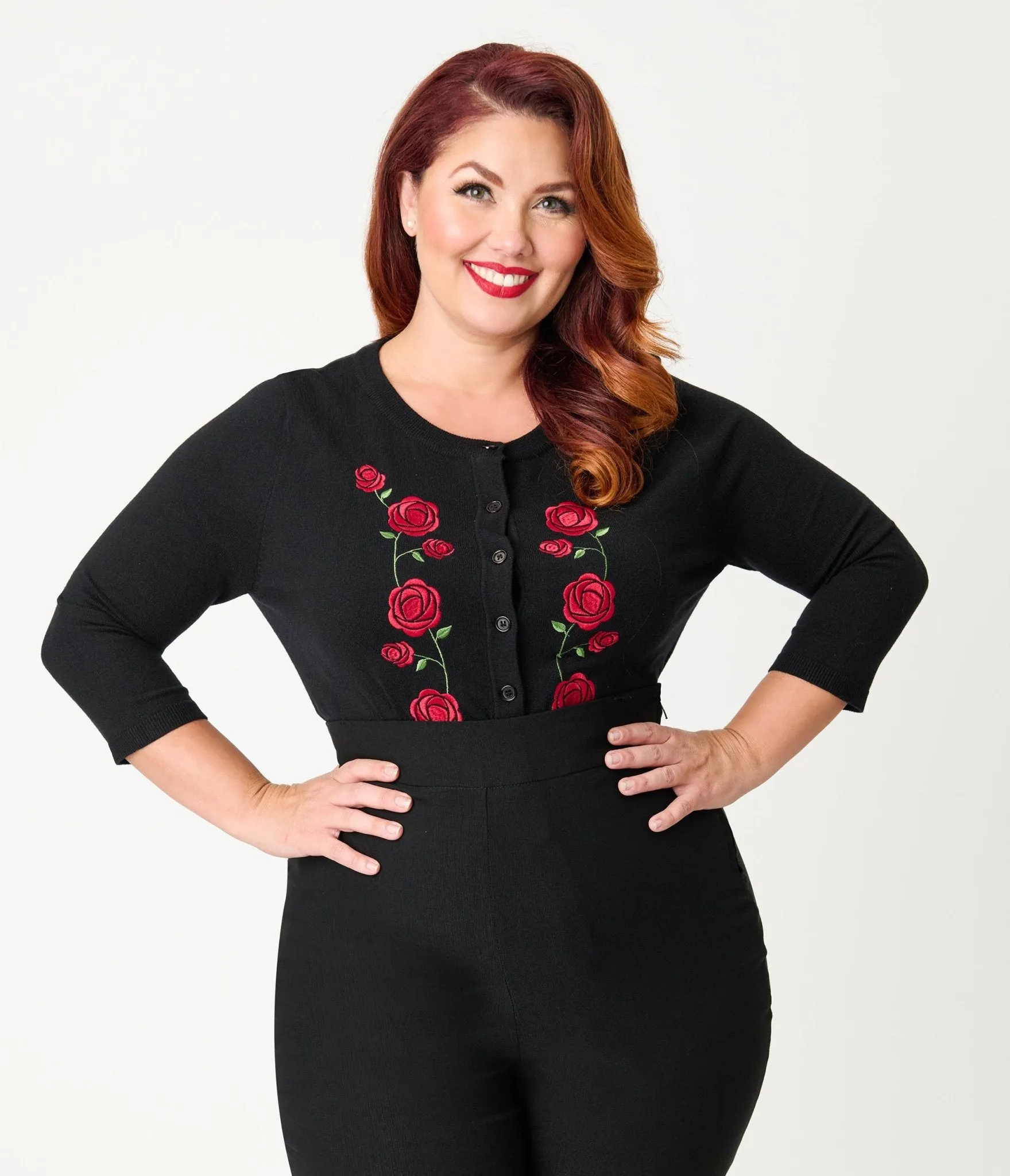 Unique Vintage Plus Size Black & Red Roses Bookworm Cardigan sold by Unique Vintage