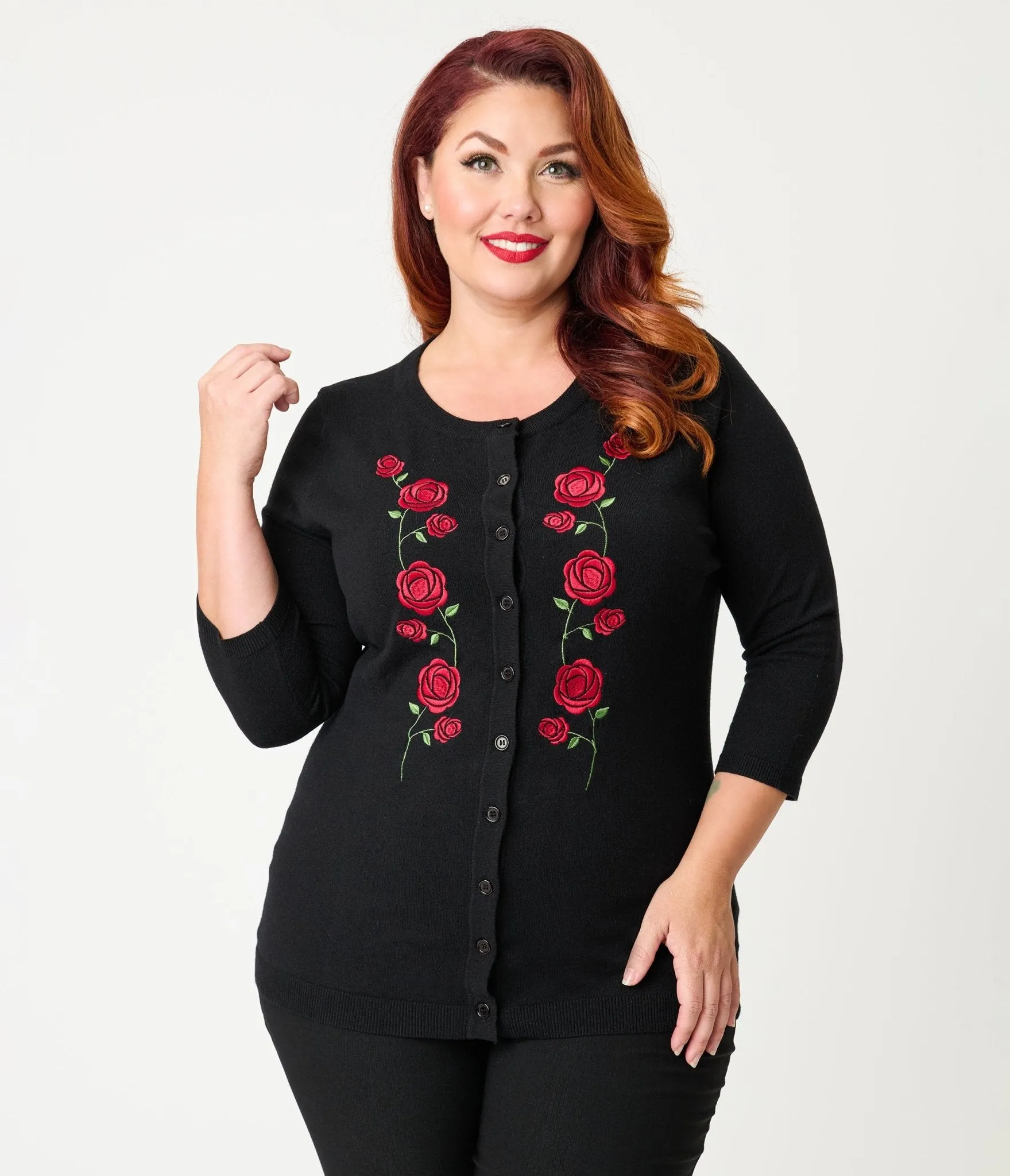Unique Vintage Plus Size Black & Red Roses Bookworm Cardigan sold by Unique Vintage product image thumbnail 3