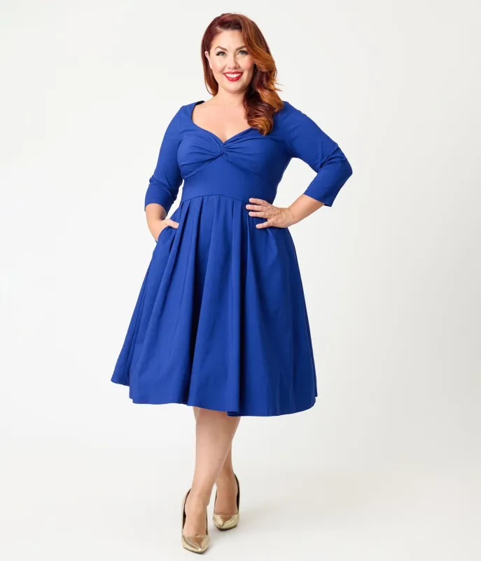 Unique Vintage Plus Size Royal Blue Bengaline Front Twist Swing Dress sold by Unique Vintage