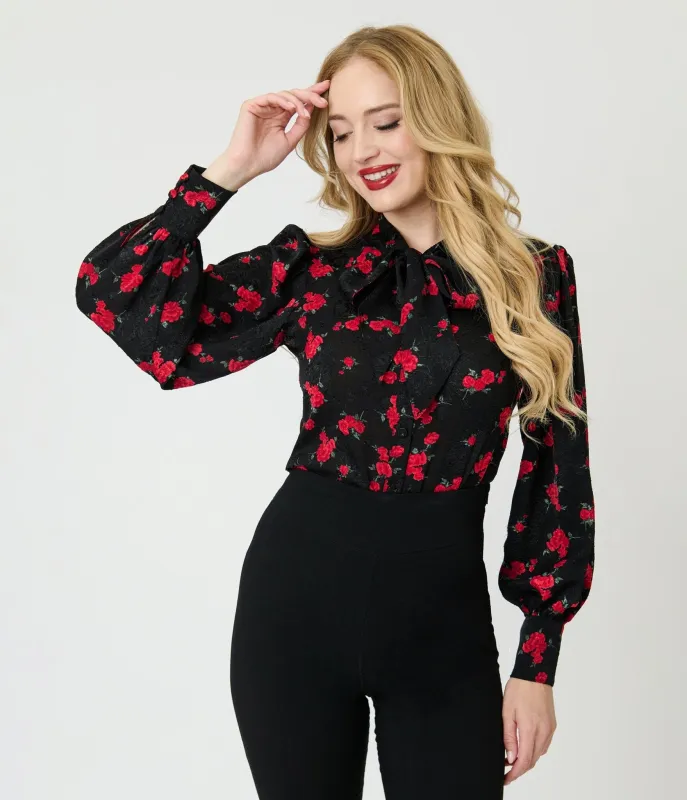 Unique Vintage Black & Red Roses Long Sleeve Gwen Blouse sold by Unique Vintage
