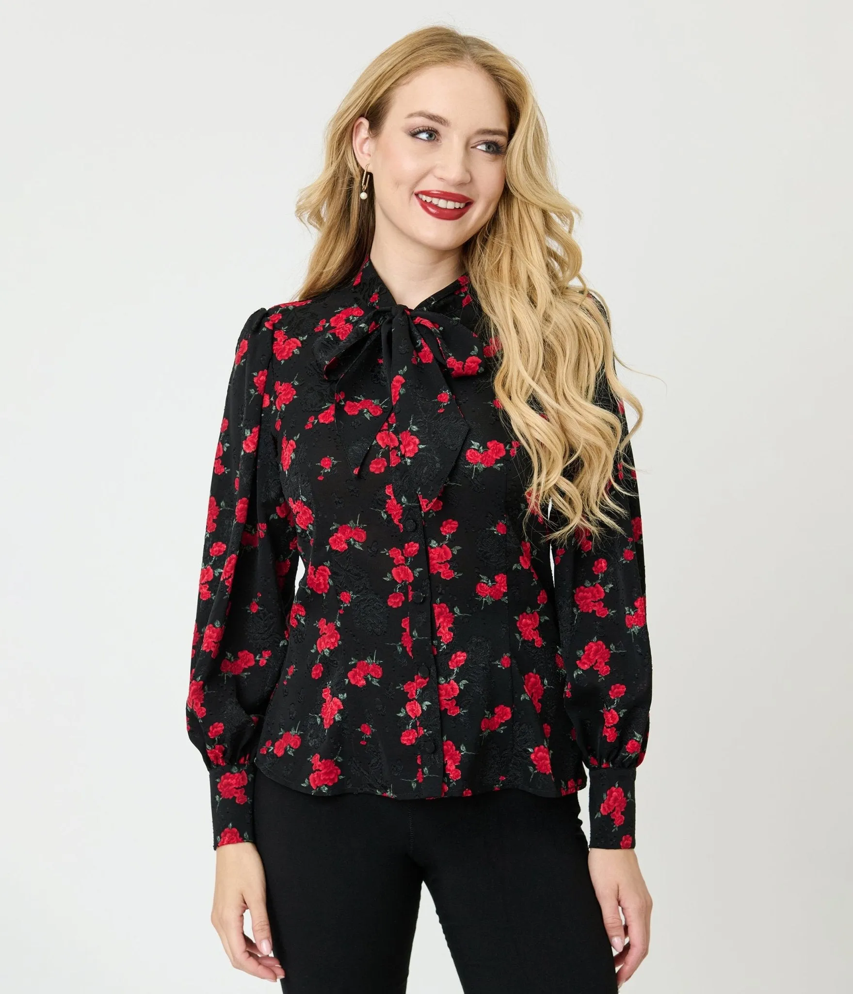 Unique Vintage Black & Red Roses Long Sleeve Gwen Blouse sold by Unique Vintage product image thumbnail 3