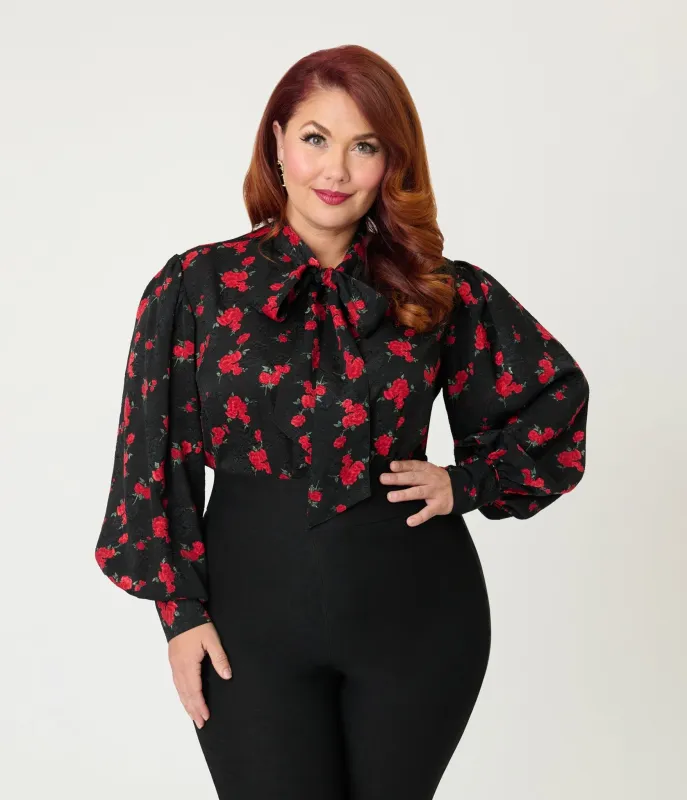 Unique Vintage Plus Size Black & Red Roses Long Sleeve Gwen Blouse sold by Unique Vintage