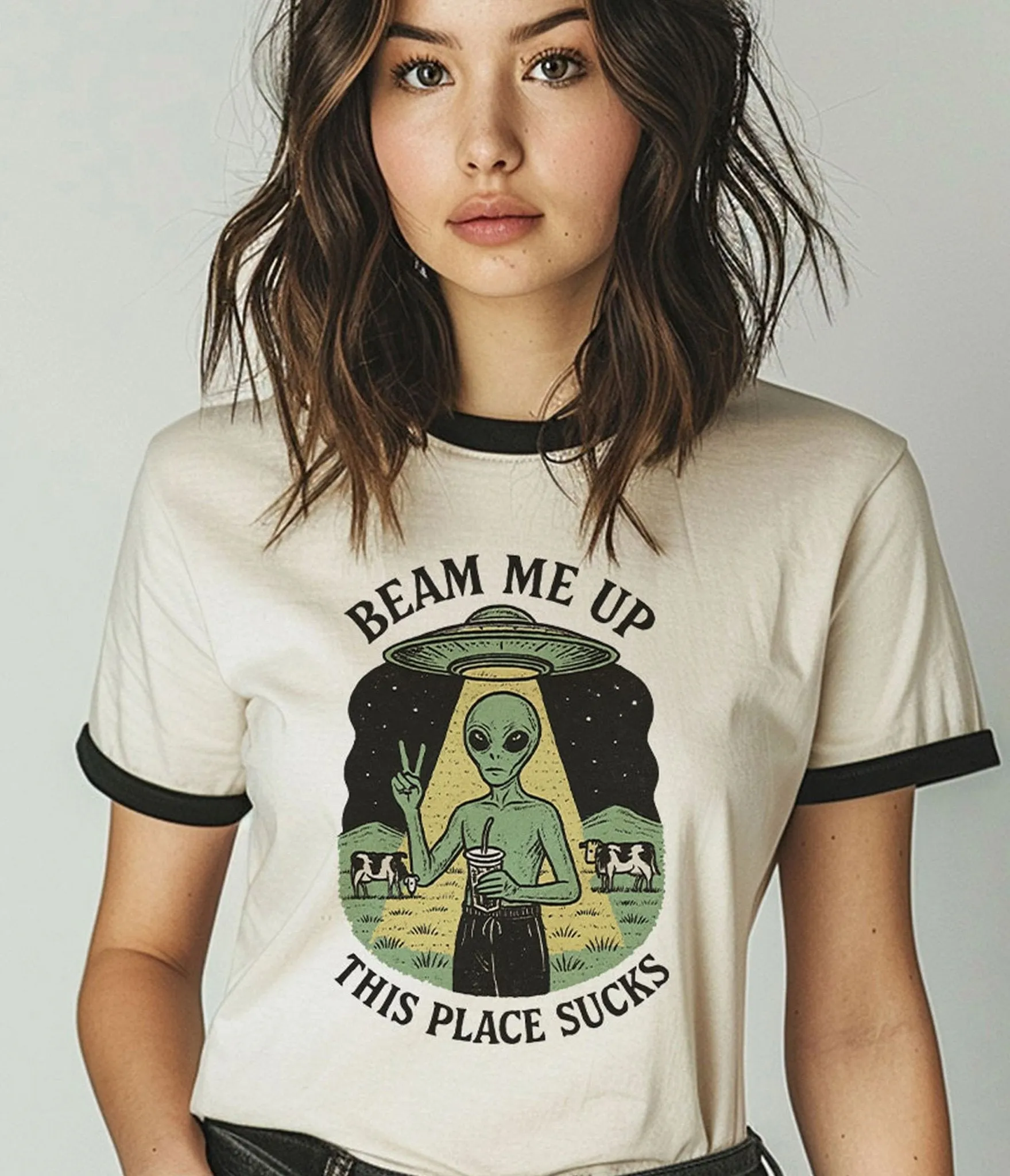 Beam Me Up Alien Unisex Graphic Ringer Tee sold by Unique Vintage