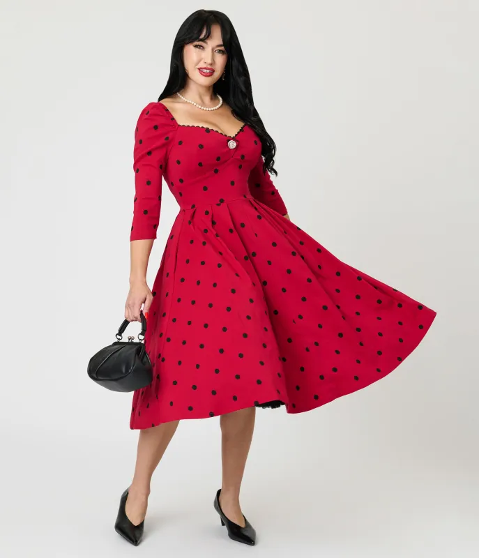 Unique Vintage Burgundy & Black Dot Sweetheart Lamar Swing Dress sold by Unique Vintage