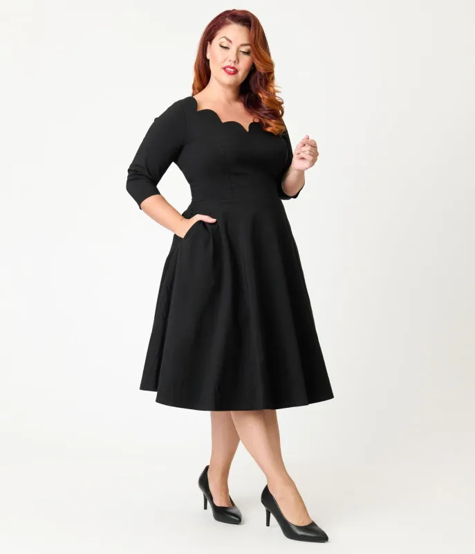 Unique Vintage Plus Size Black Scalloped Neck Swing Dress sold by Unique Vintage