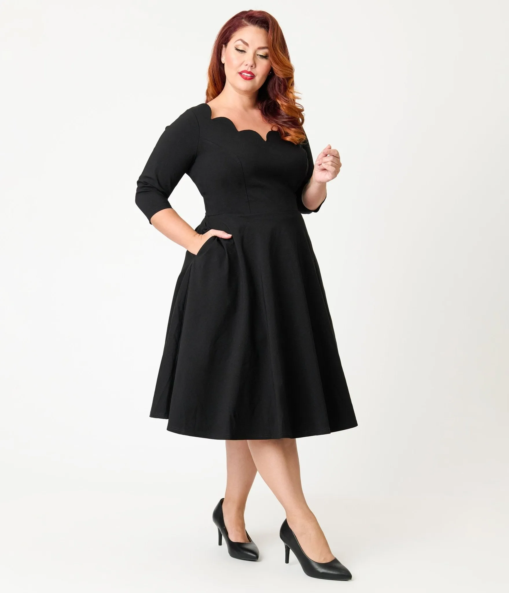 Unique Vintage Plus Size Black Scalloped Neck Swing Dress sold by Unique Vintage