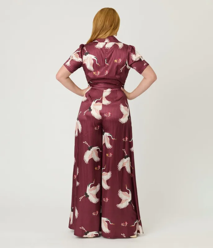 Unique Vintage Burgundy & White Cranes Flare Jumpsuit sold by Unique Vintage