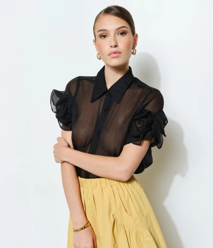 Black Organza Puff Sleeve Blouses sold by Unique Vintage