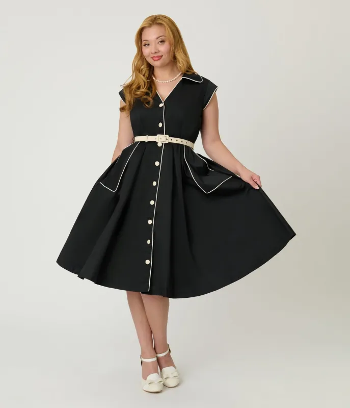 Unique Vintage Black & White Cotton Shirt Swing Dress sold by Unique Vintage