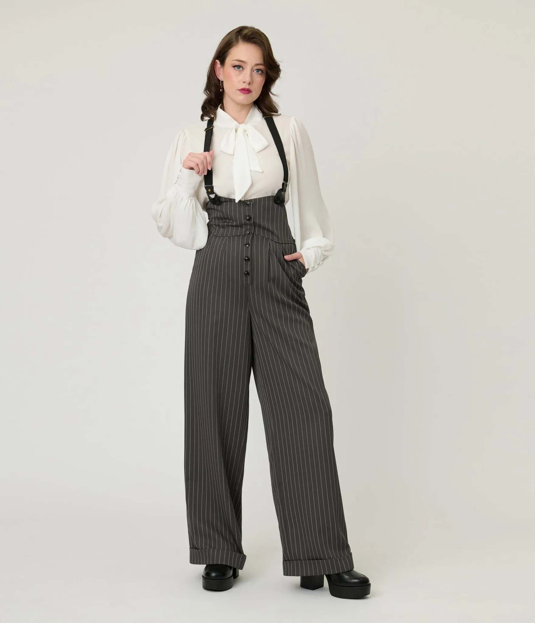 Unique Vintage Charcoal Pinstripe Thelma Suspender Pants sold by Unique Vintage