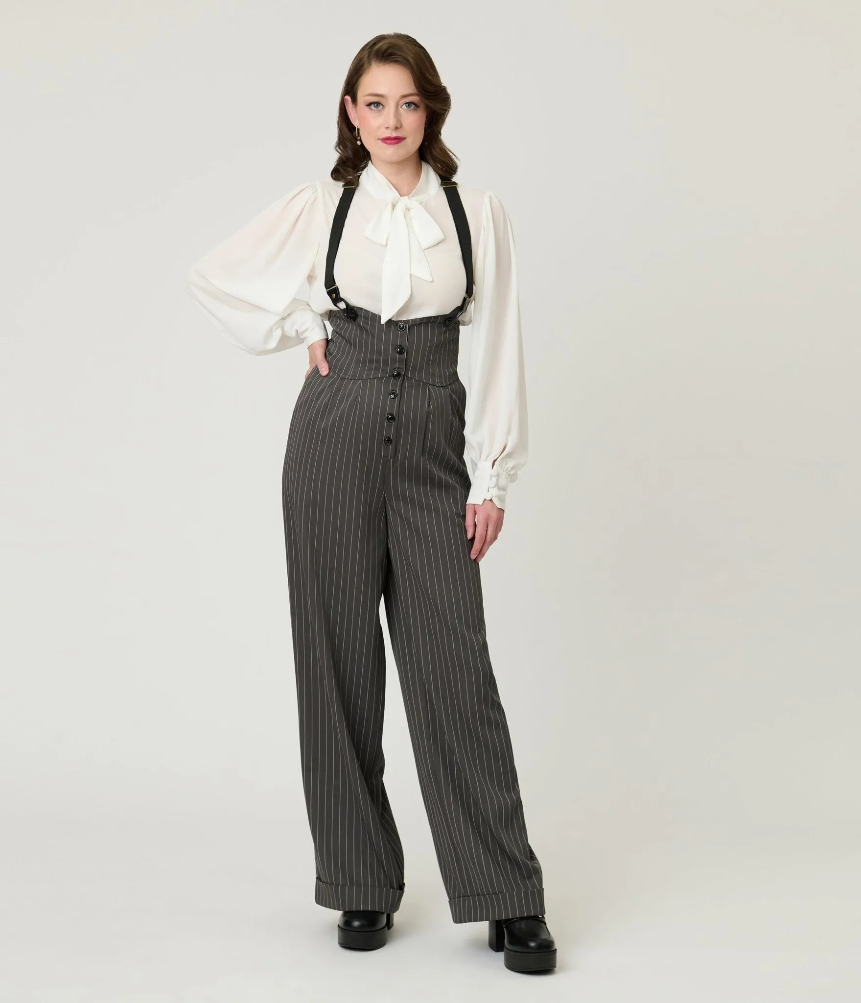 Unique Vintage Charcoal Pinstripe Thelma Suspender Pants sold by Unique Vintage product image thumbnail 4