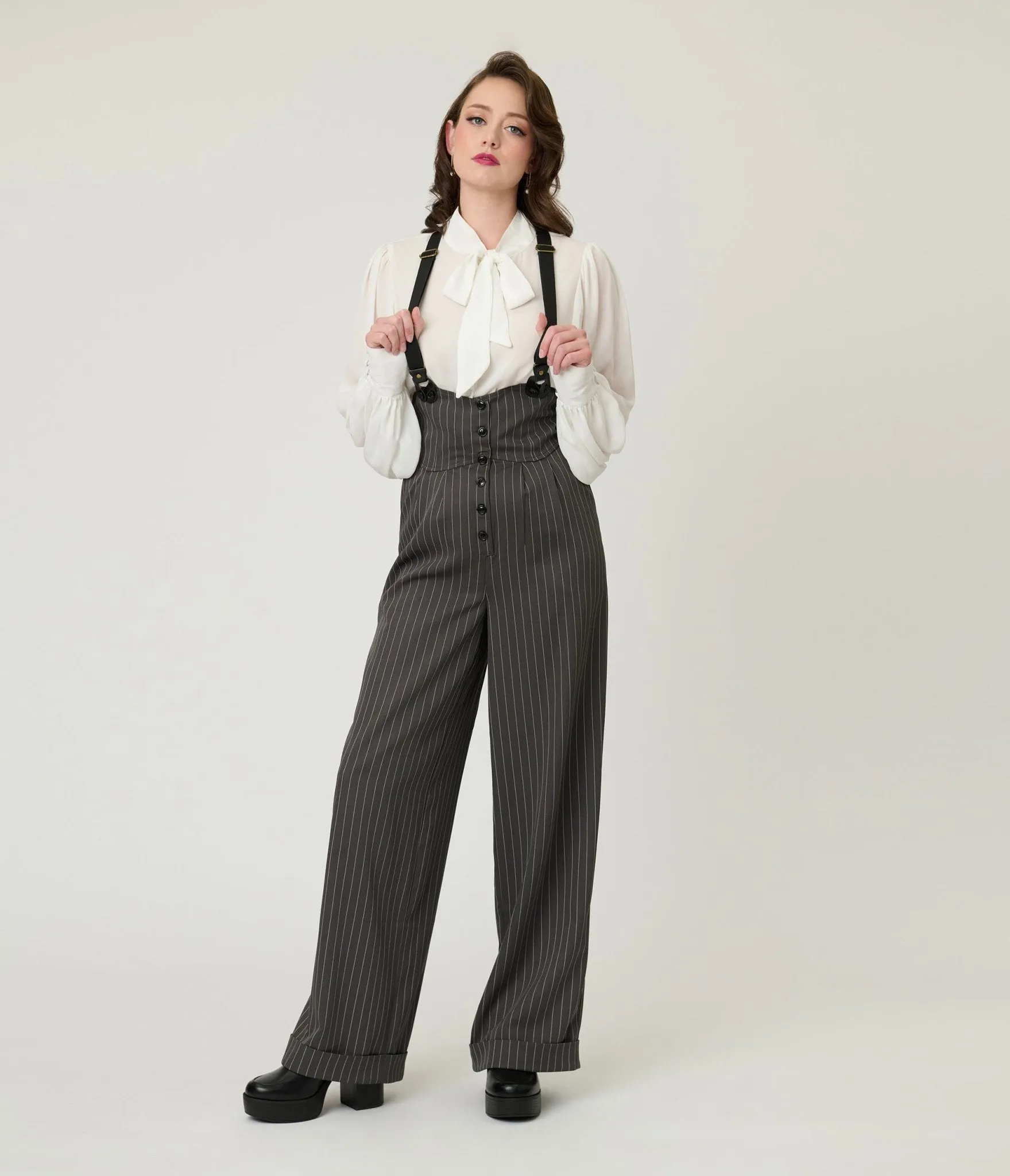 Unique Vintage Charcoal Pinstripe Thelma Suspender Pants sold by Unique Vintage product image thumbnail 5