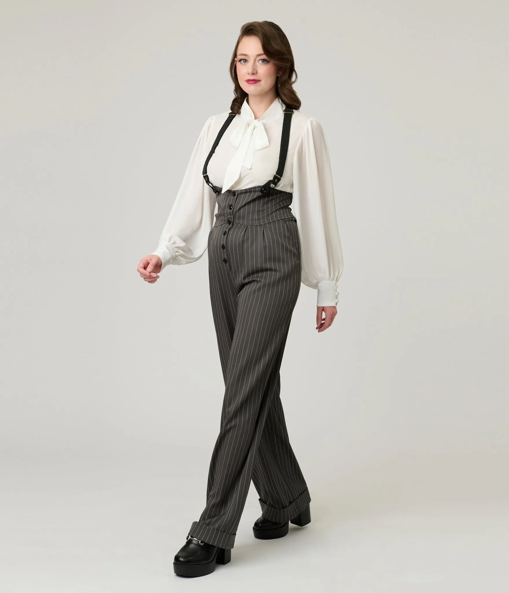 Unique Vintage Charcoal Pinstripe Thelma Suspender Pants sold by Unique Vintage product image thumbnail 3