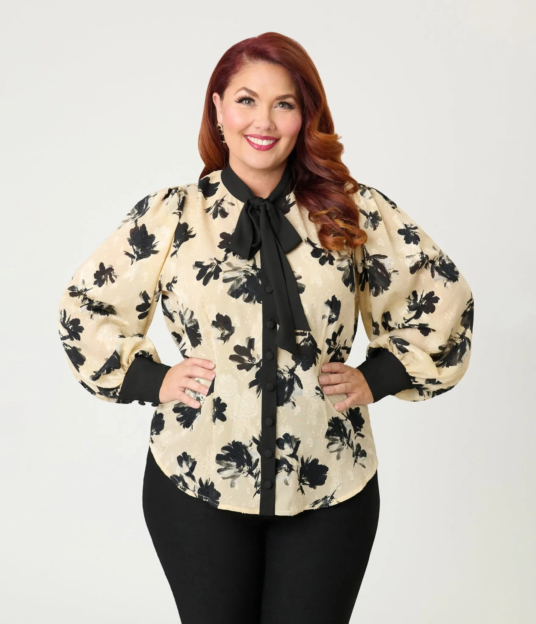 Unique Vintage Plus Size Taupe & Black Floral Long Sleeve Gwen Blouse sold by Unique Vintage product image thumbnail 3