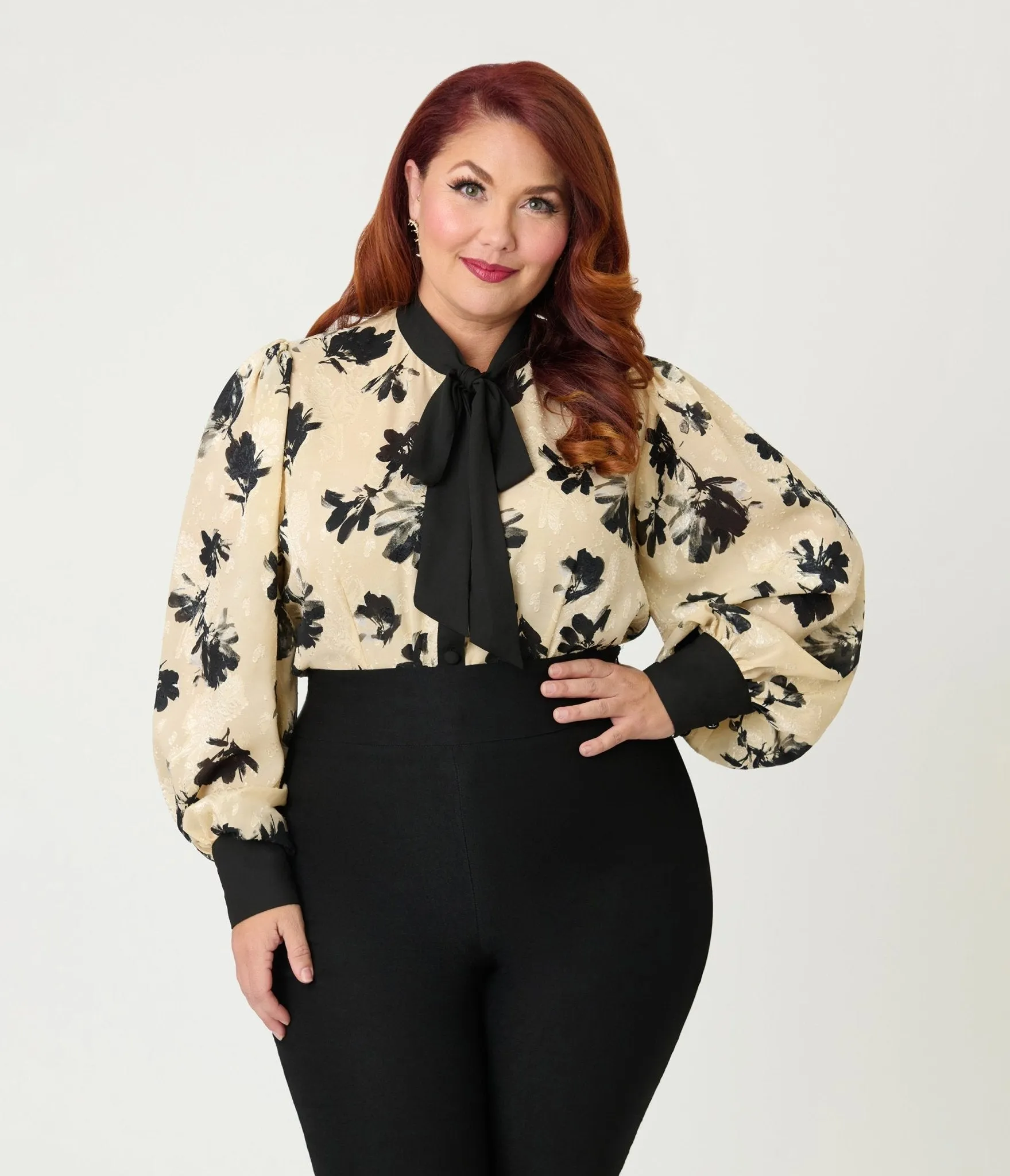 Unique Vintage Plus Size Taupe & Black Floral Long Sleeve Gwen Blouse sold by Unique Vintage